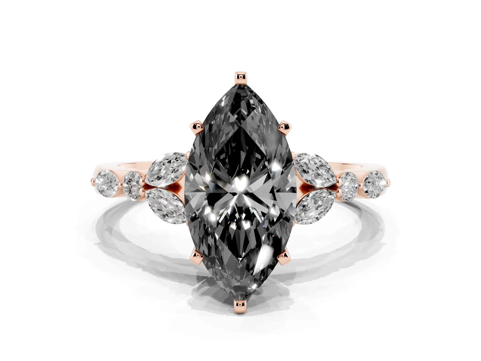 Fancy Black Marquise Cut Diamond Solitaire Ring with Side Stones and Four-Prong Setting Rose gold