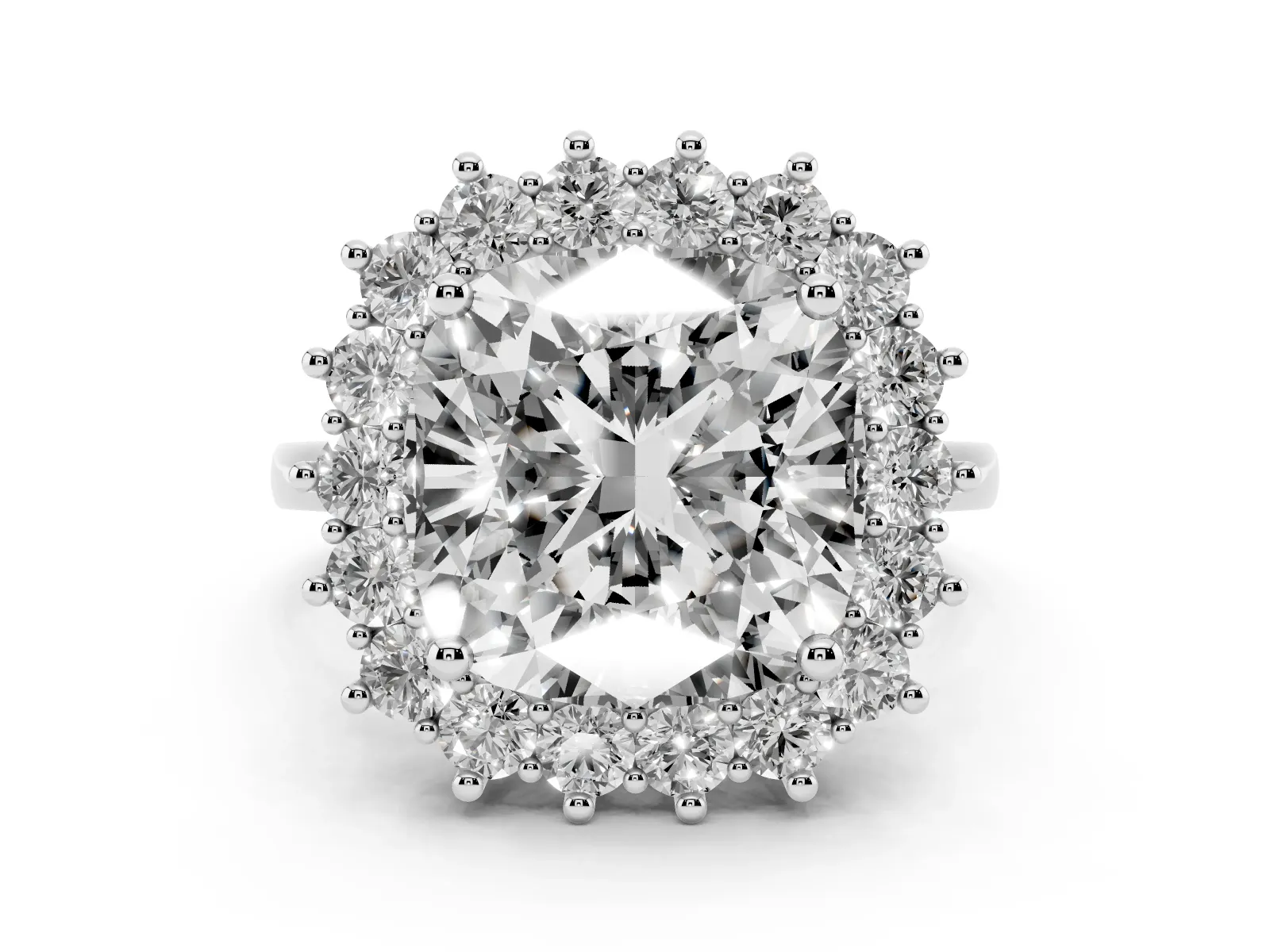 Cushion Diamond Halo Engagement Ring with Round Diamond Accents White gold