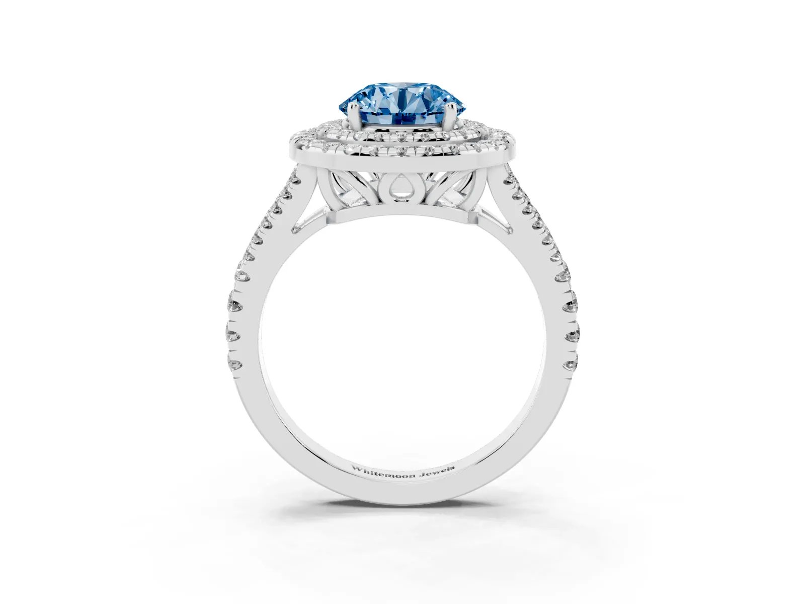 Fancy Blue Round Cut Diamond Double Halo Ring with Pavé Band and Prong Setting Platinum