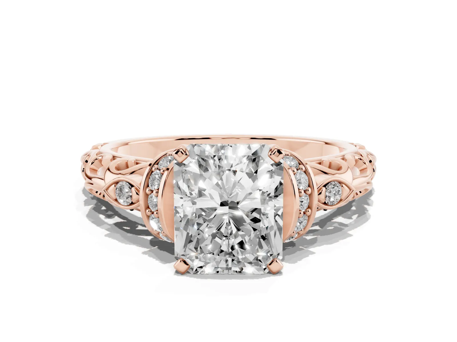 Radiant Cut Diamond Solitaire Ring with Filigree Band and Four-Prong Setting Rose gold