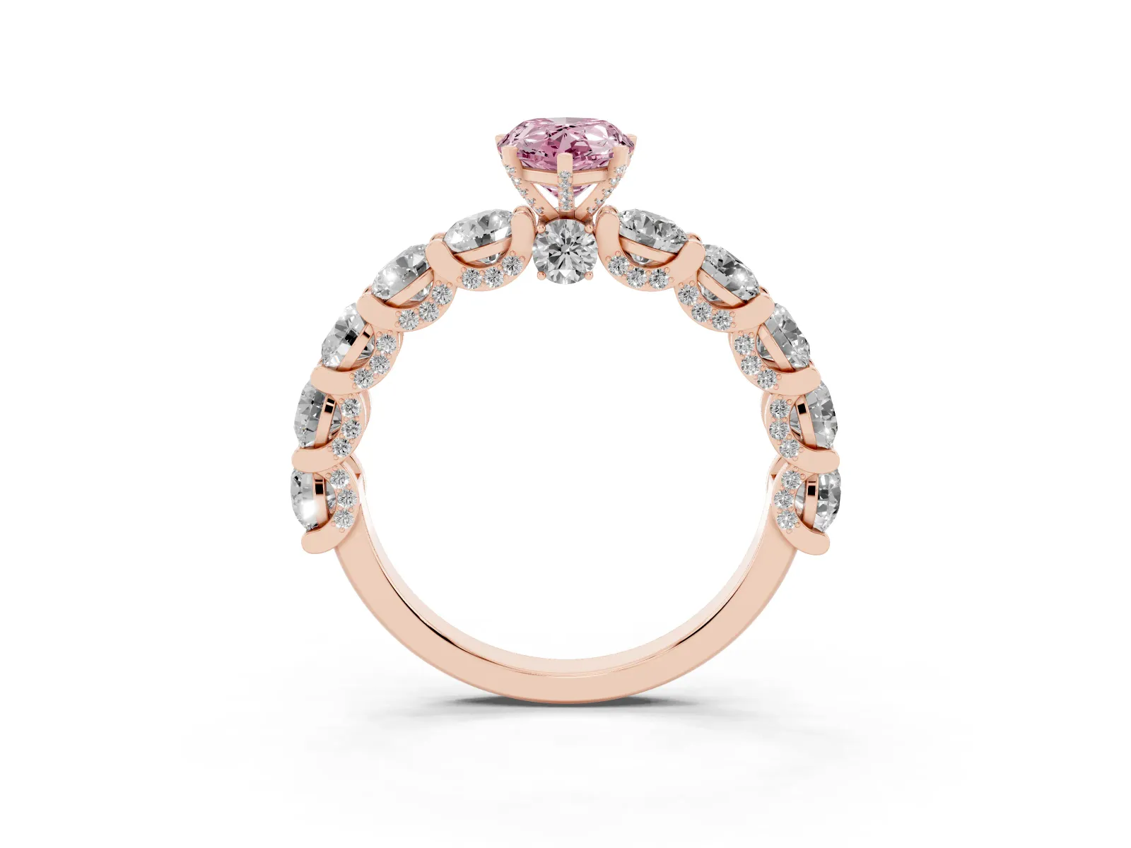 Fancy Pink Pear Cut Diamond Side Stone Engagement Ring with Four-Prong Setting Rose gold