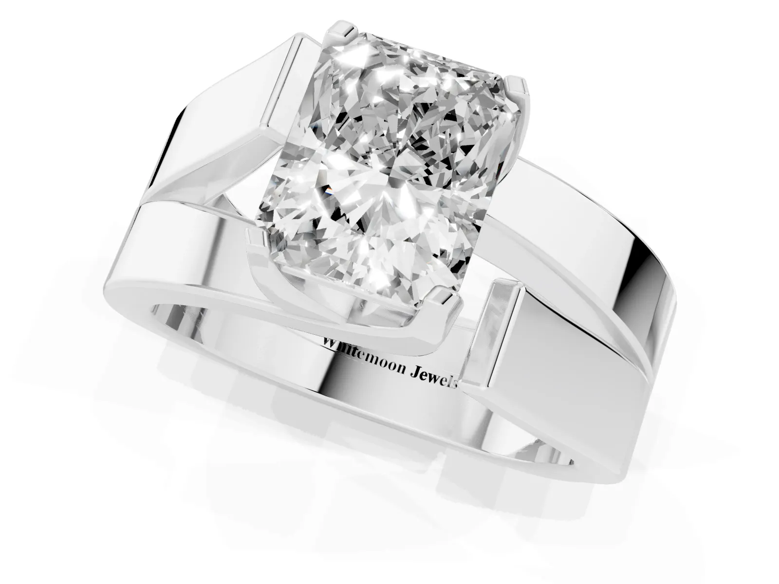 Modern Tension Set Radiant Cut Diamond Solitaire Wide Band Ring White gold