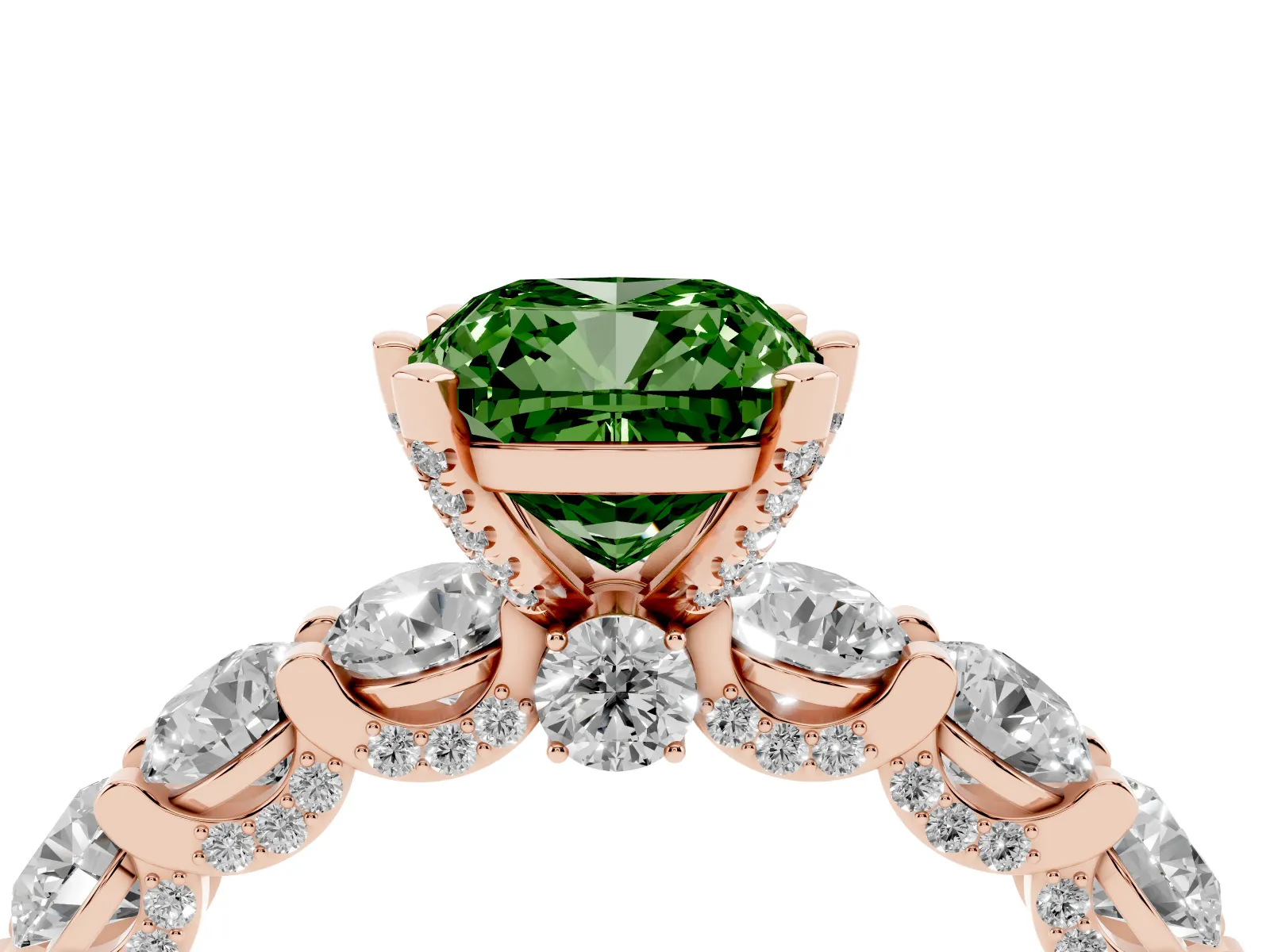 Fancy Green Cushion Cut Diamond Side Stone Engagement Ring with Four-Prong Setting Rose gold