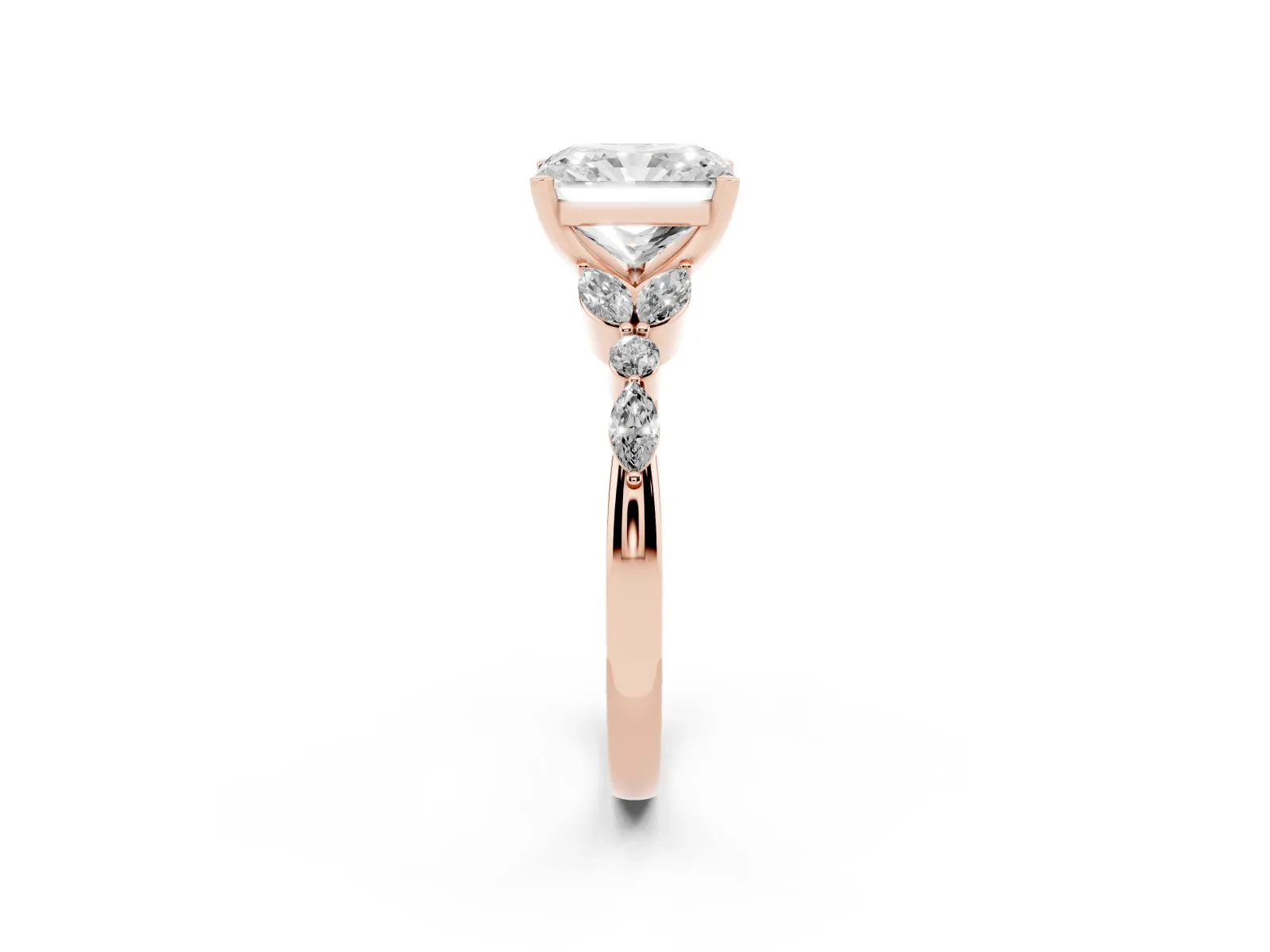 Radiant Cut Diamond Solitaire Ring with Side Stones and Four-Prong Setting Rose gold