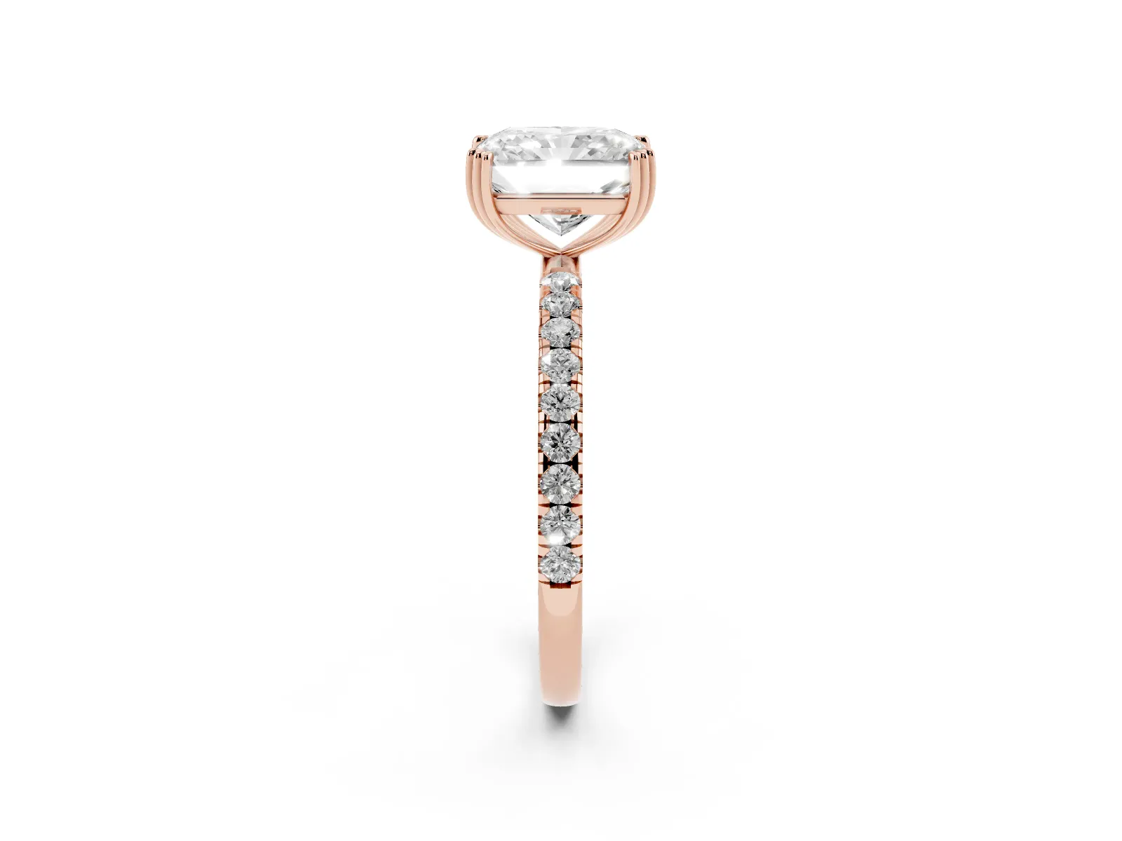 Radiant Cut Brilliant Solitaire with Pavé Band and Claw Prong Setting Rose gold