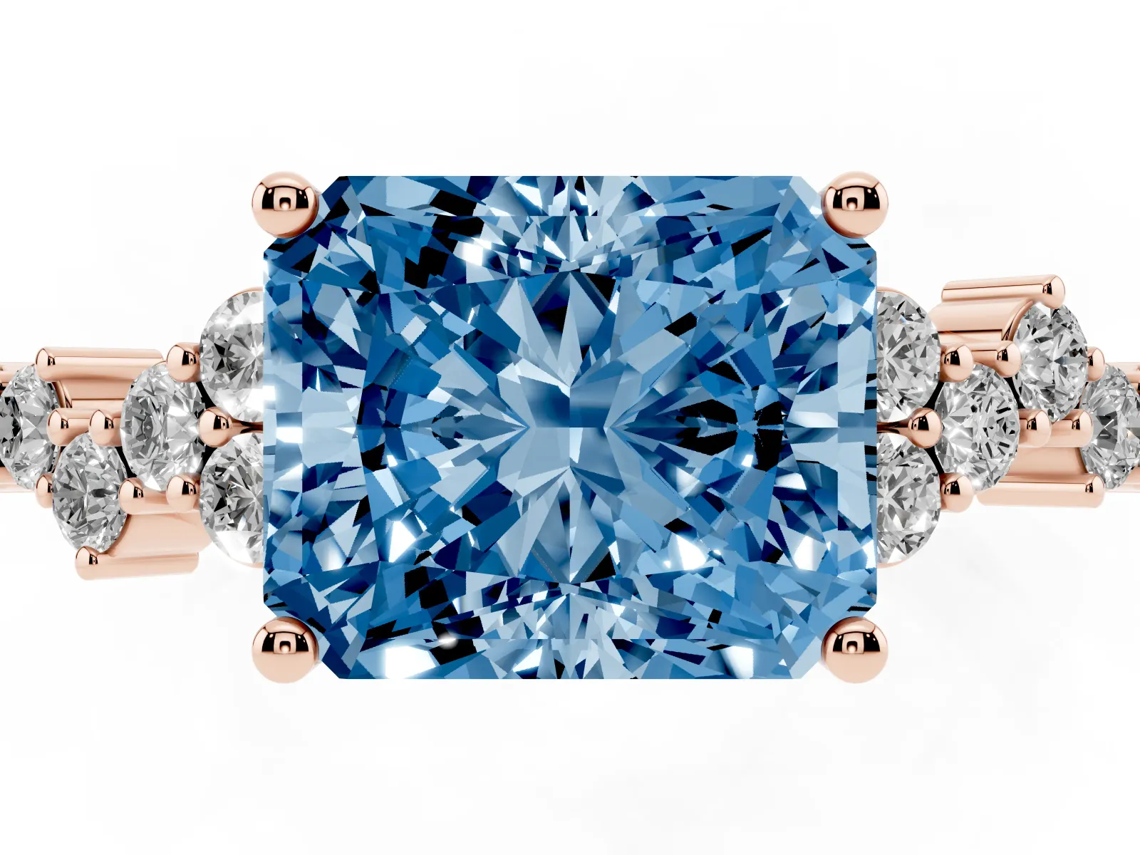 Fancy Blue Radiant Cut Diamond Scattered Round Accent Ring with Prong Setting Rose gold