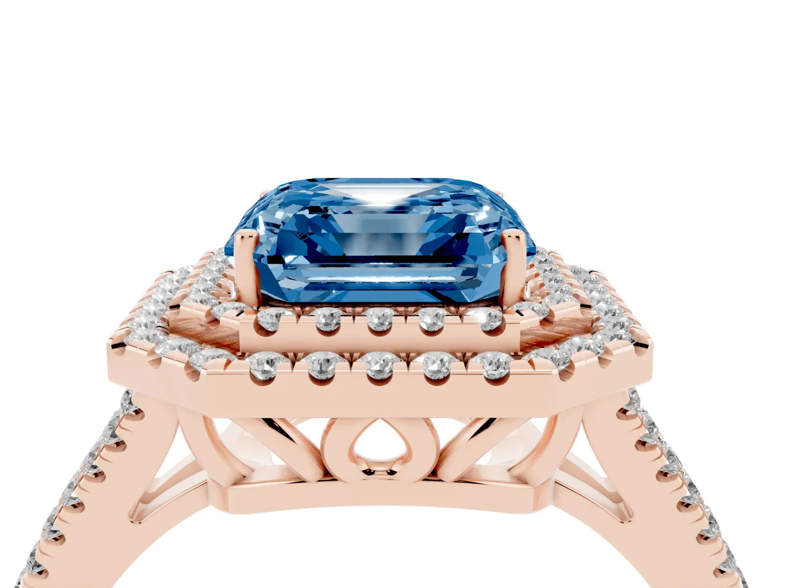 Fancy Blue Asscher Cut Diamond Double Halo Ring with Pavé Band and Prong Setting Rose gold