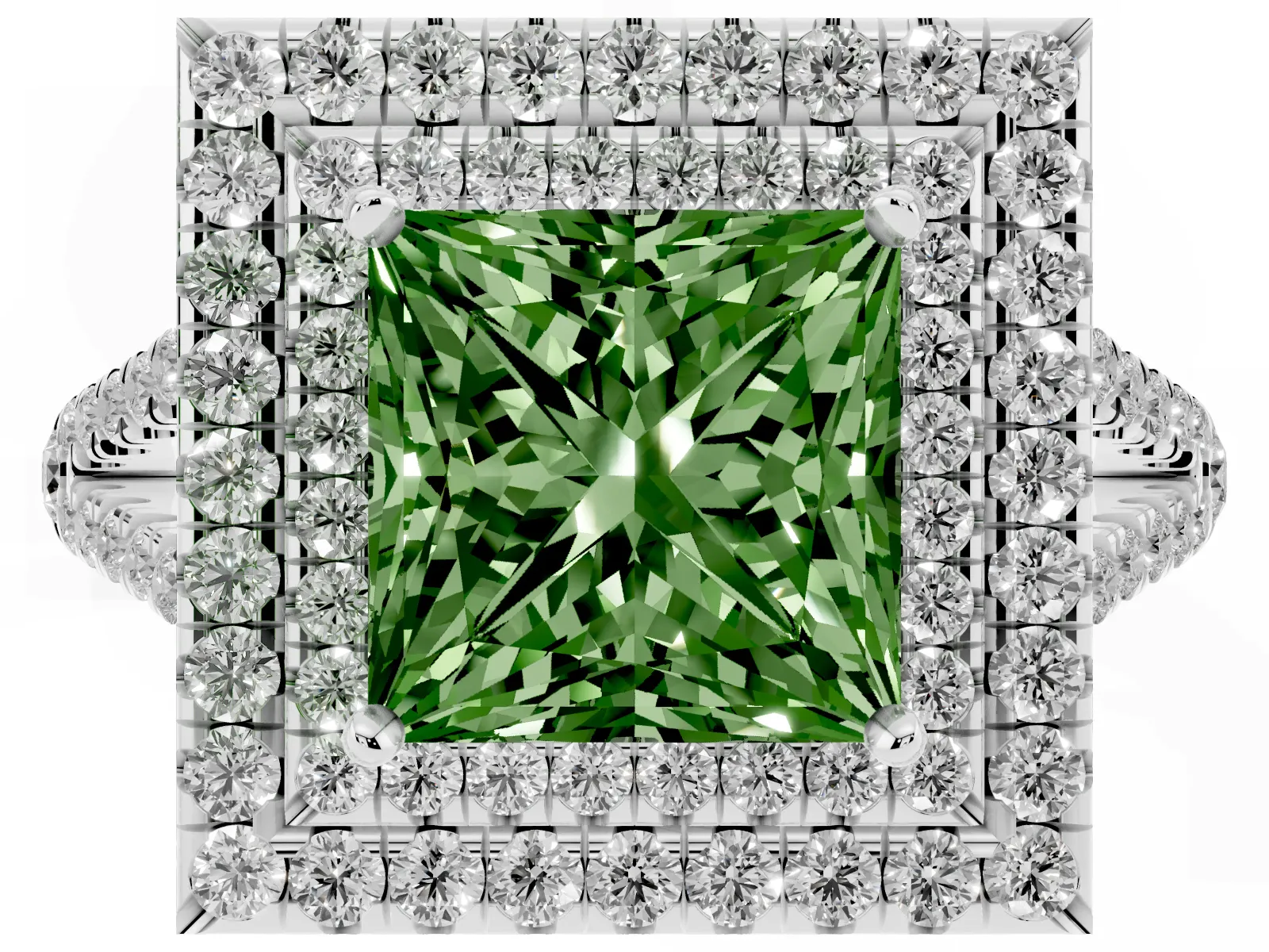 Fancy Green Princess Cut Diamond Double Halo Ring with Pavé Band and Prong Setting Platinum