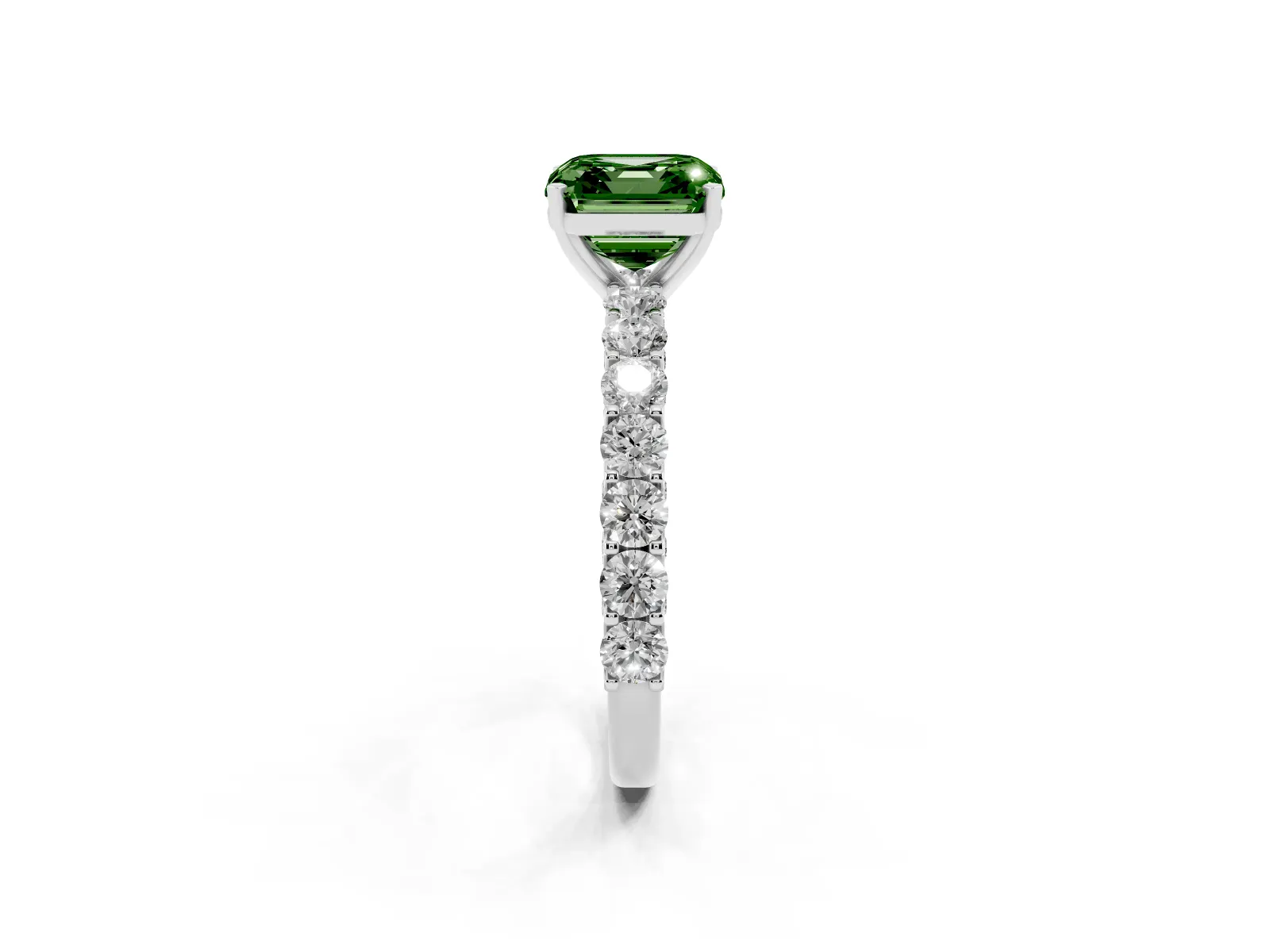 Fancy Green Asscher Cut Diamond Solitaire Ring with Shared Prong Pavé Band and Four-Prong Setting White gold