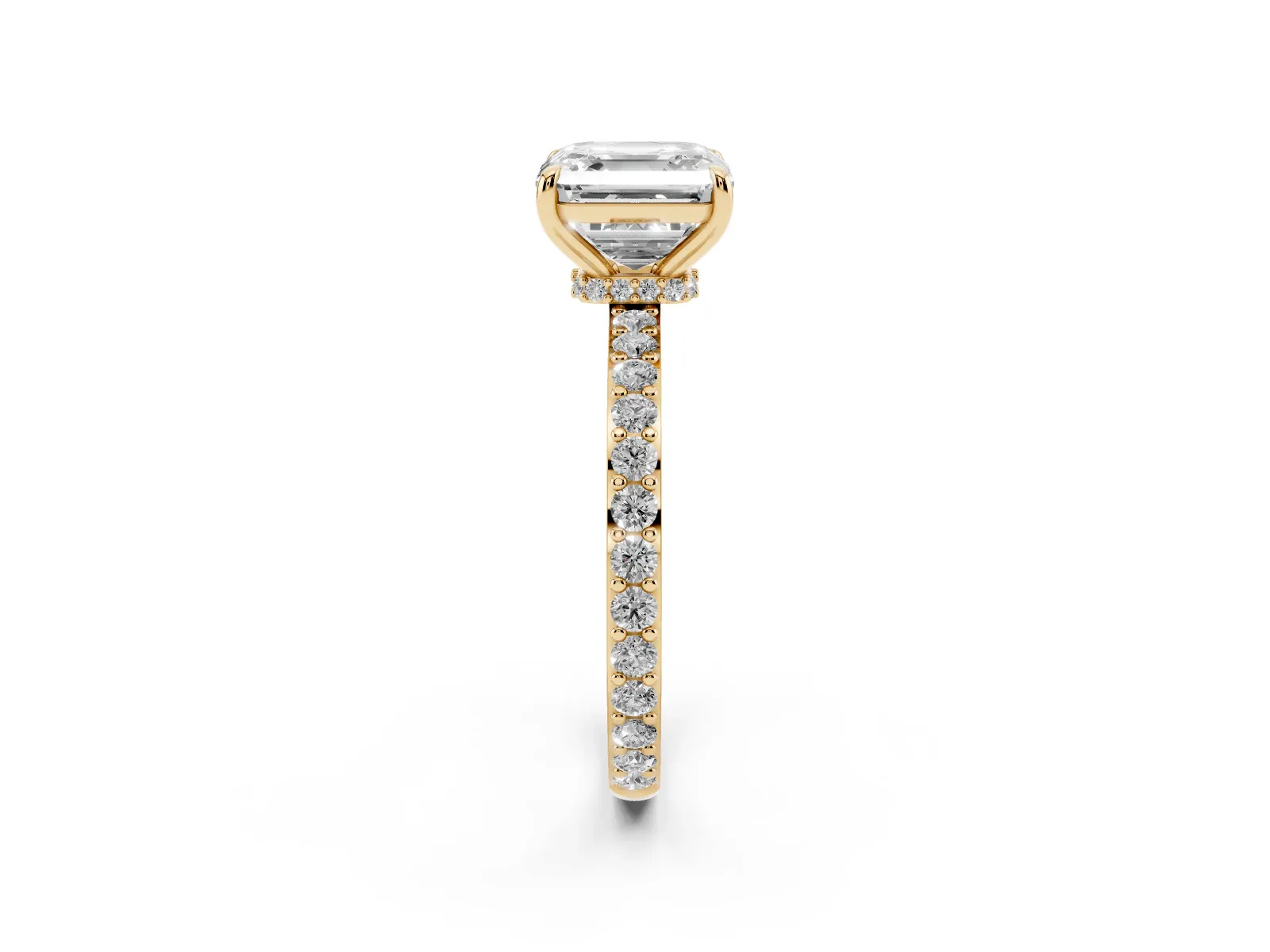 Asscher Cut Diamond Solitaire Engagement Ring with Pavé Band and Four-Prong Setting Yellow gold