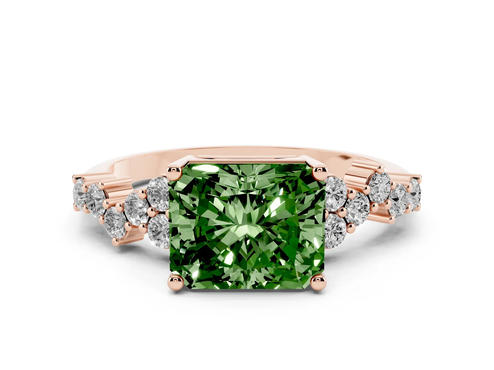 Fancy Green Radiant Cut Diamond Scattered Round Accent Ring with Prong Setting Rose gold