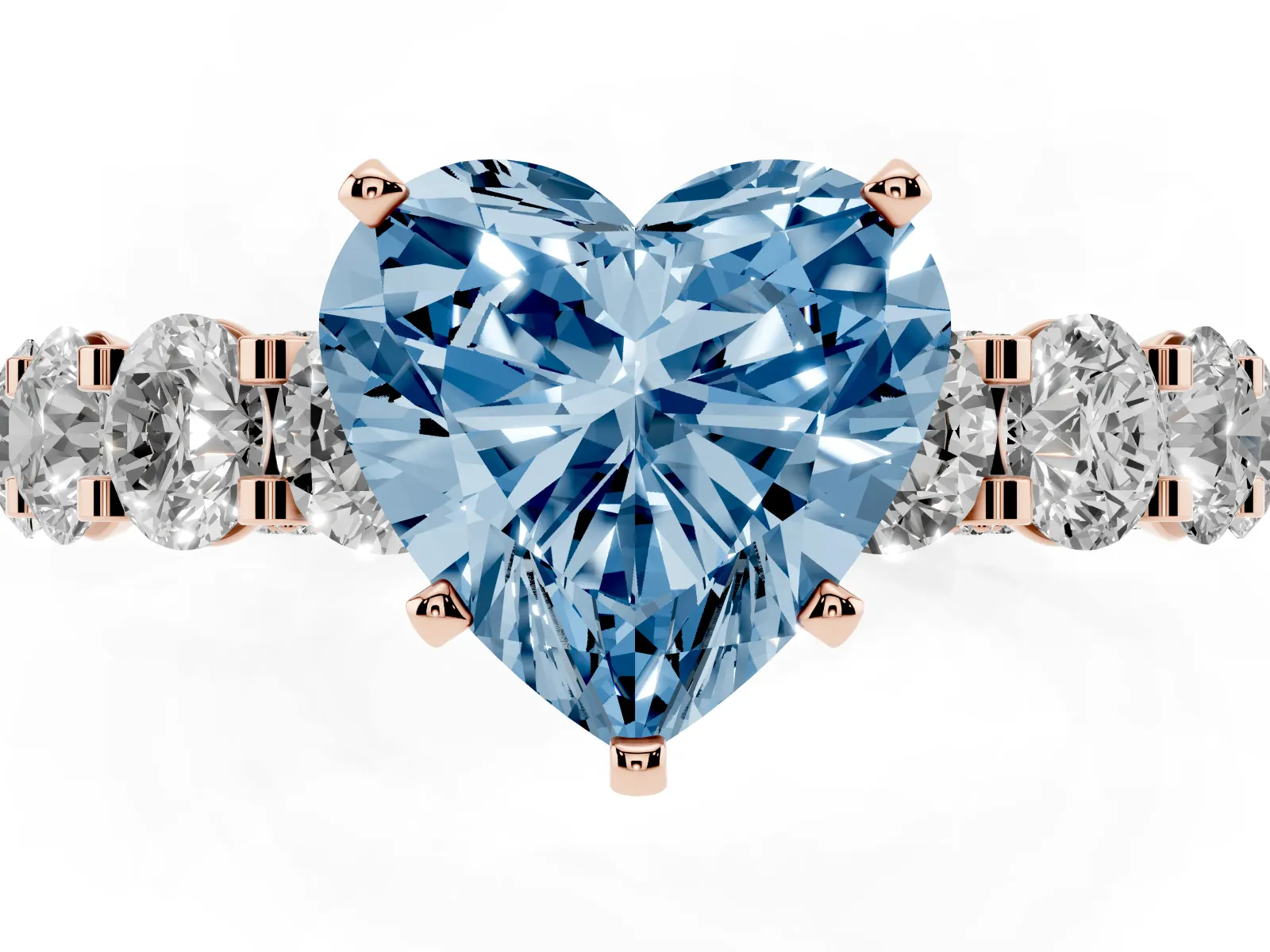 Fancy Blue Heart Cut Diamond Side Stone Engagement Ring with Four-Prong Setting Rose gold