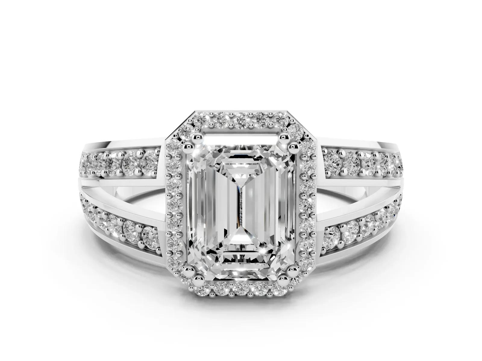 Emerald Cut Diamond Halo Ring with Split Shank Pavé Band and Four-Prong Setting White gold