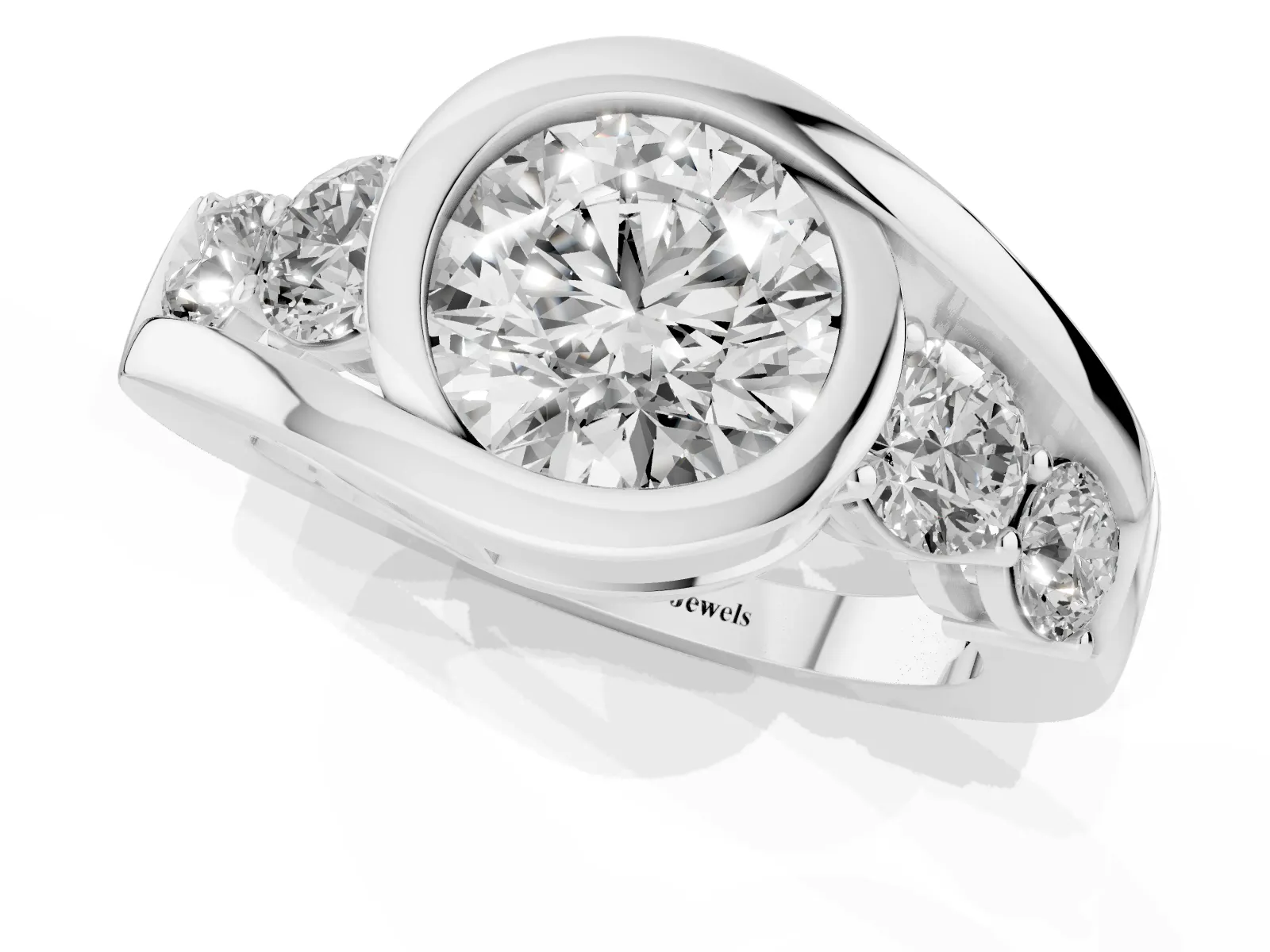 Bezel Set Round Cut Diamond Bypass Ring with Round Accents White gold