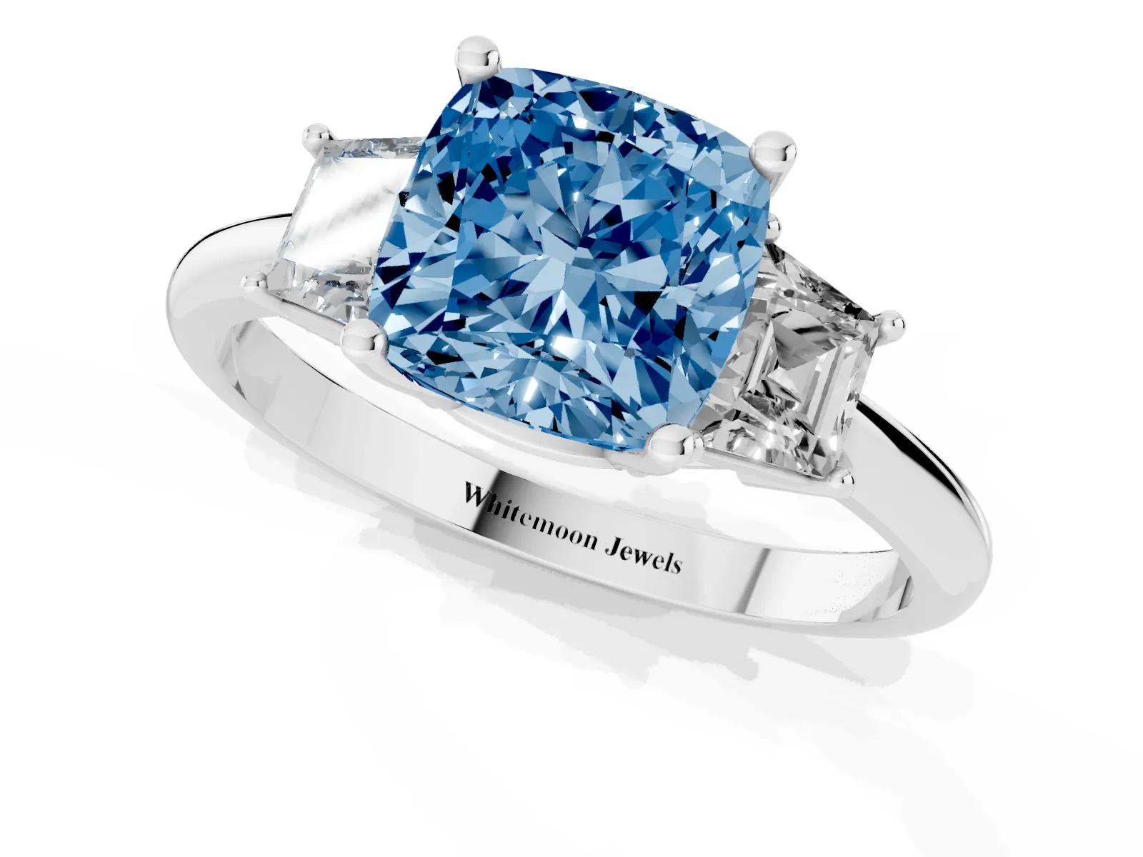 Fancy Blue Cushion Cut Diamond Three-Stone Ring with Trapezoid Side Stones and Prong Setting Platinum