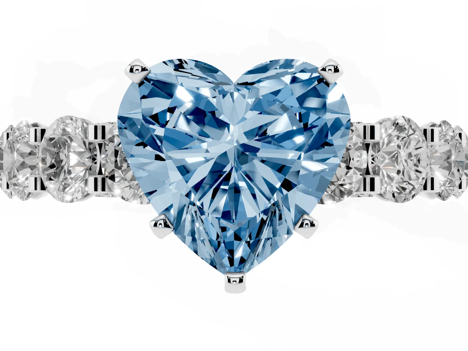 Fancy Blue Heart Cut Diamond Side Stone Engagement Ring with Four-Prong Setting Platinum