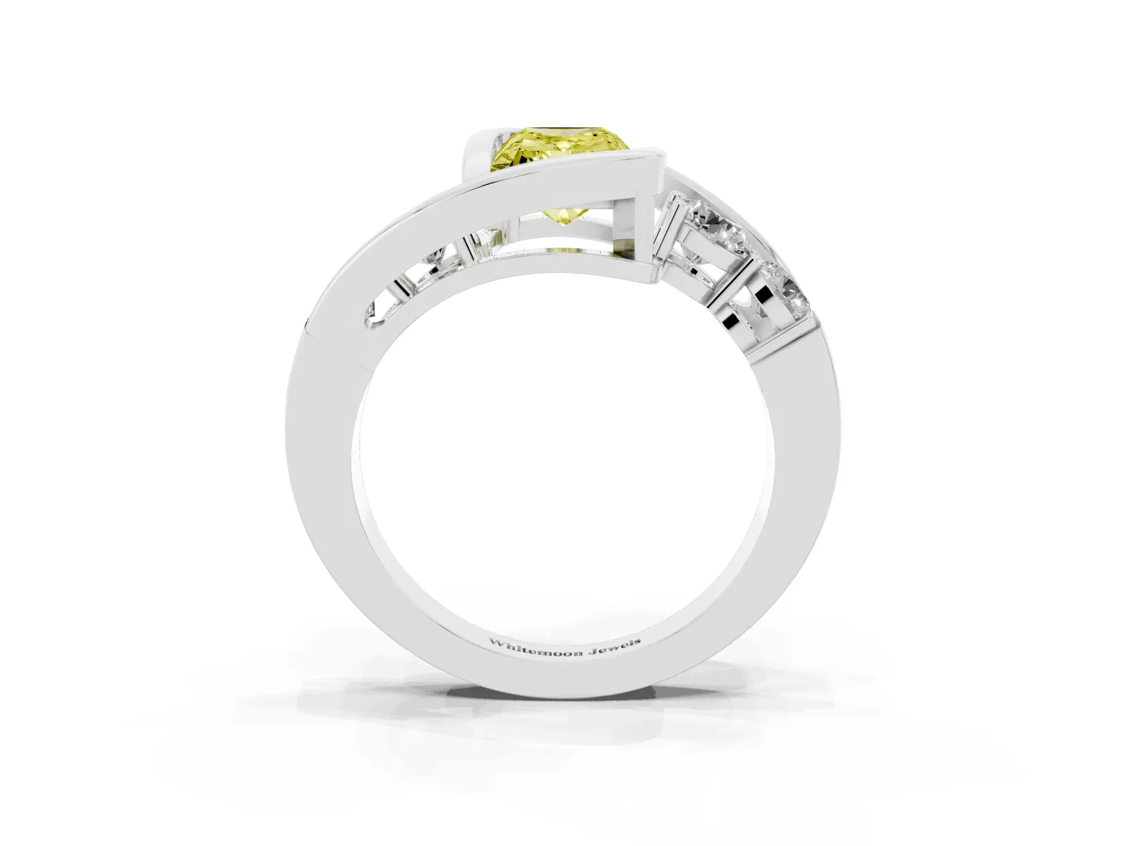 Fancy Yellow Bezel Set Radiant Cut Diamond Bypass Ring with Round Accents White gold