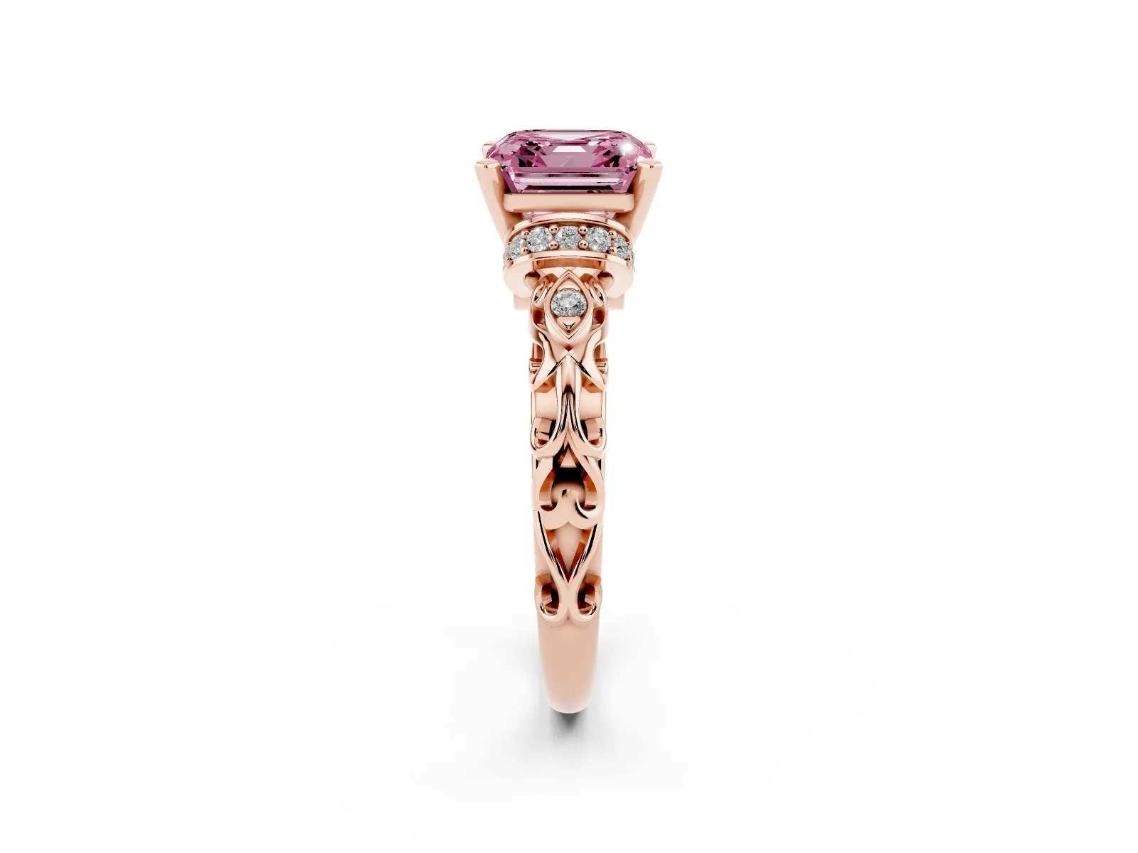 Fancy Pink Asscher Cut Diamond Solitaire Ring with Filigree Band and Four-Prong Setting Rose gold