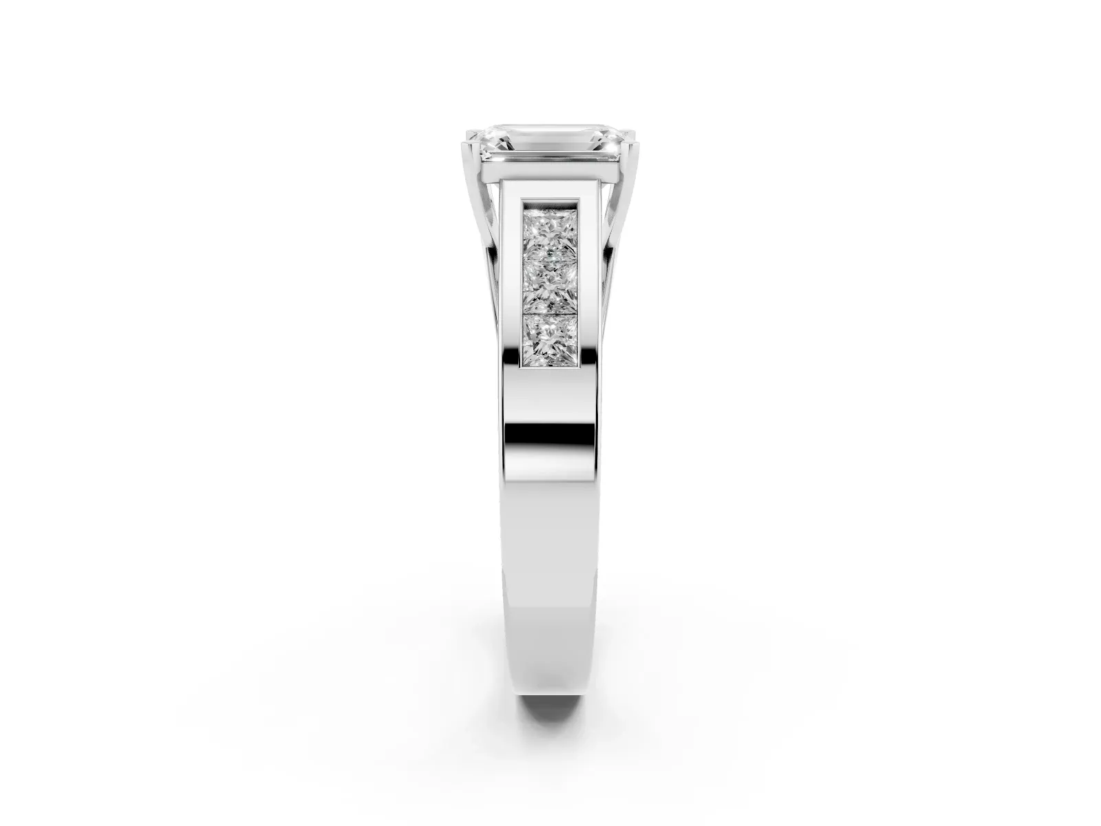 Emerald Cut Cut Channel Set Solitaire Ring with Four-Prong Setting Platinum