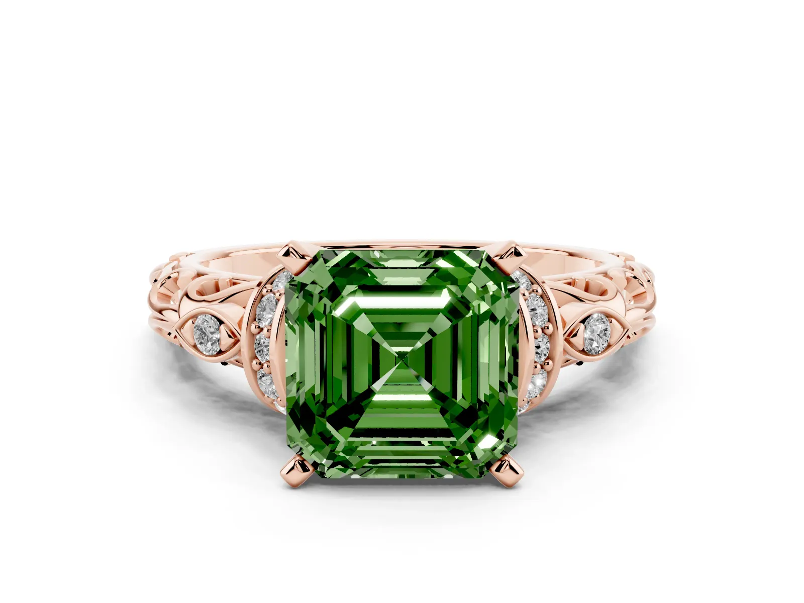 Fancy Green Asscher Cut Diamond Solitaire Ring with Filigree Band and Four-Prong Setting Rose gold