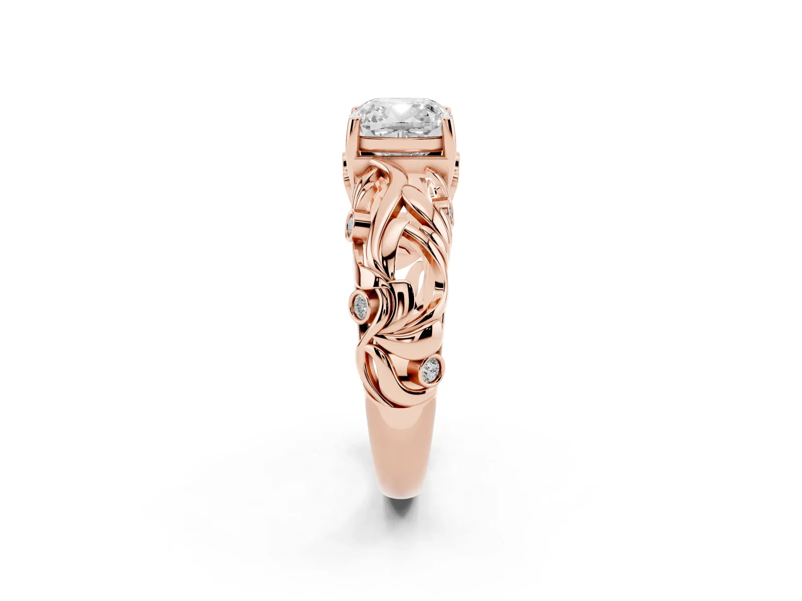 Cushion Cut Solitaire Diamond Leaf-Inspired Vine Band Ring with Prong Setting Rose gold
