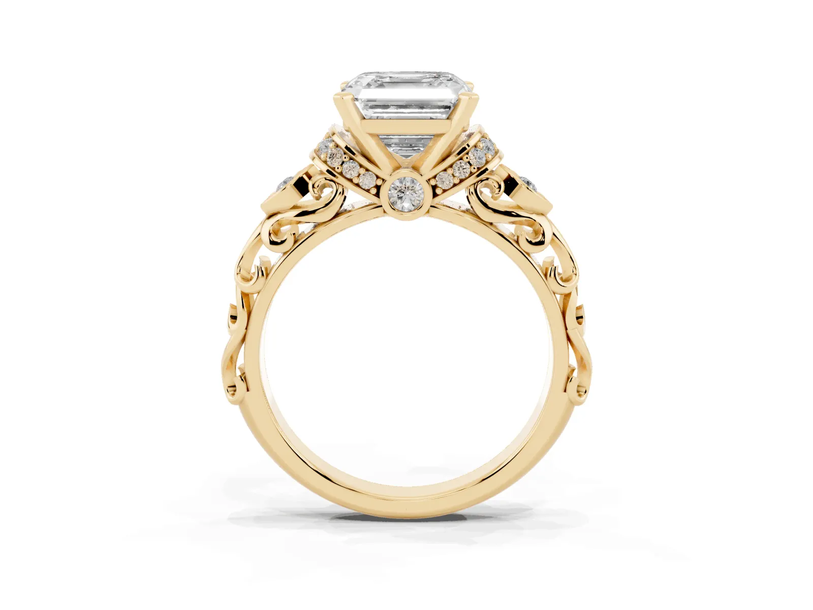 Asscher Cut Diamond Solitaire Ring with Filigree Band and Four-Prong Setting Yellow gold
