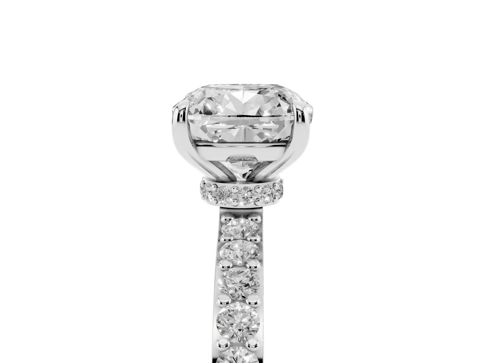 Cushion Cut Diamond Solitaire Engagement Ring with Pavé Band and Four-Prong Setting White gold