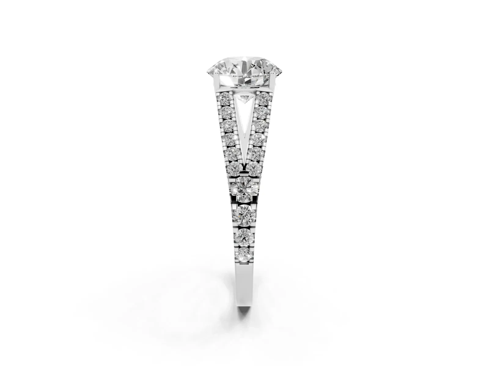 Round Cut Diamond Split Shank Engagement Ring with Round Pavé and Prong Setting White gold