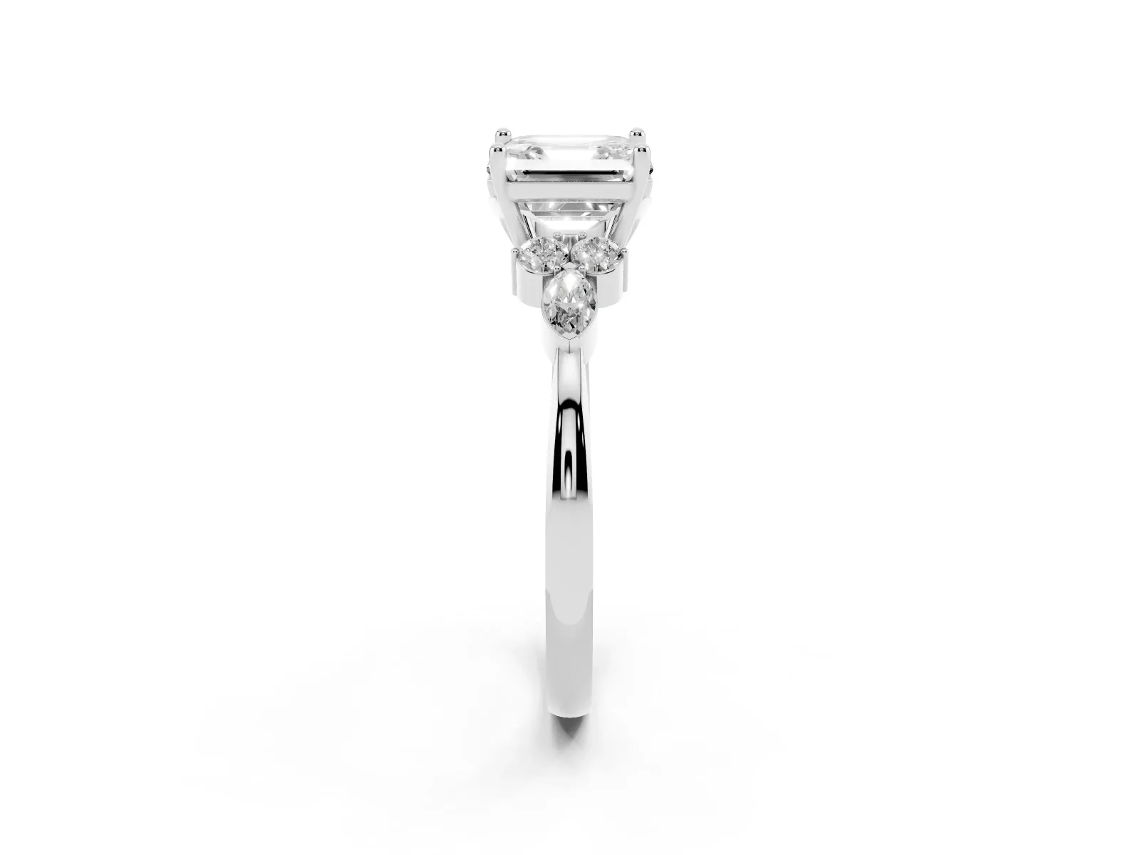 Asscher Cut Brilliant Diamond Solitaire Ring with Pear Side Stones and Four-Prong Setting Platinum