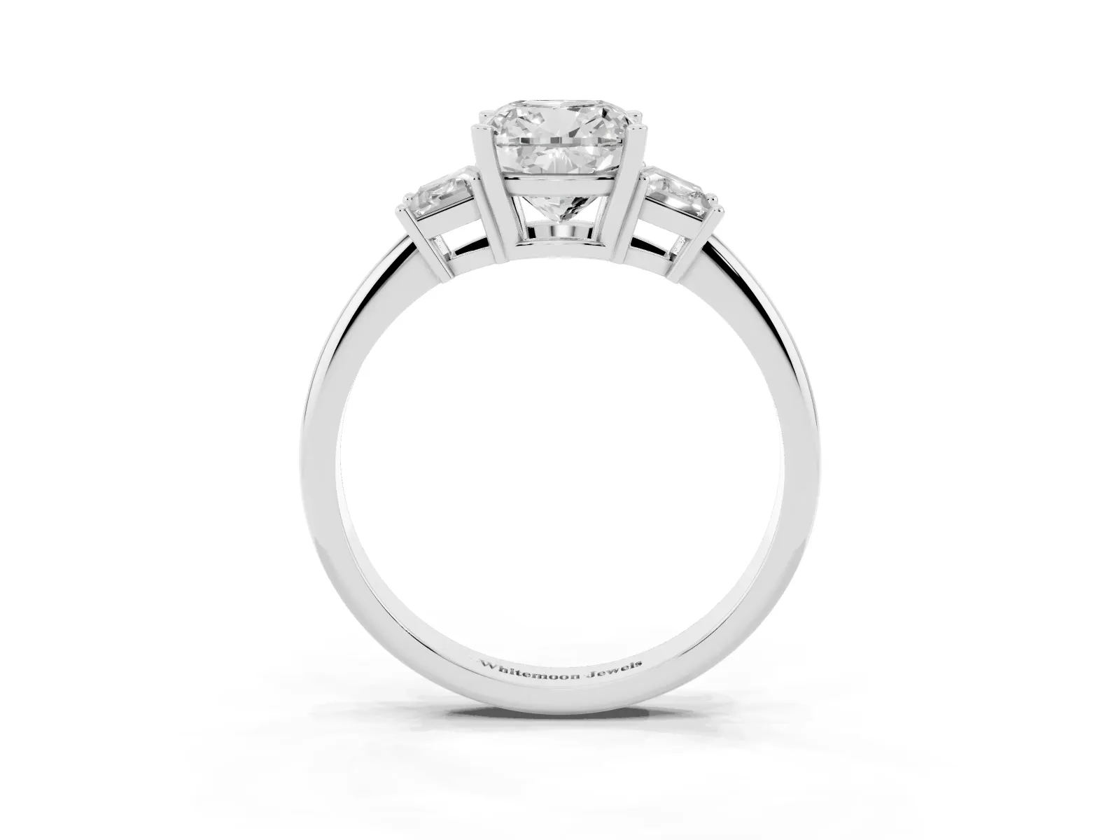 Cushion Cut Diamond Three-Stone Ring with Trapezoid Side Stones and Prong Setting Platinum