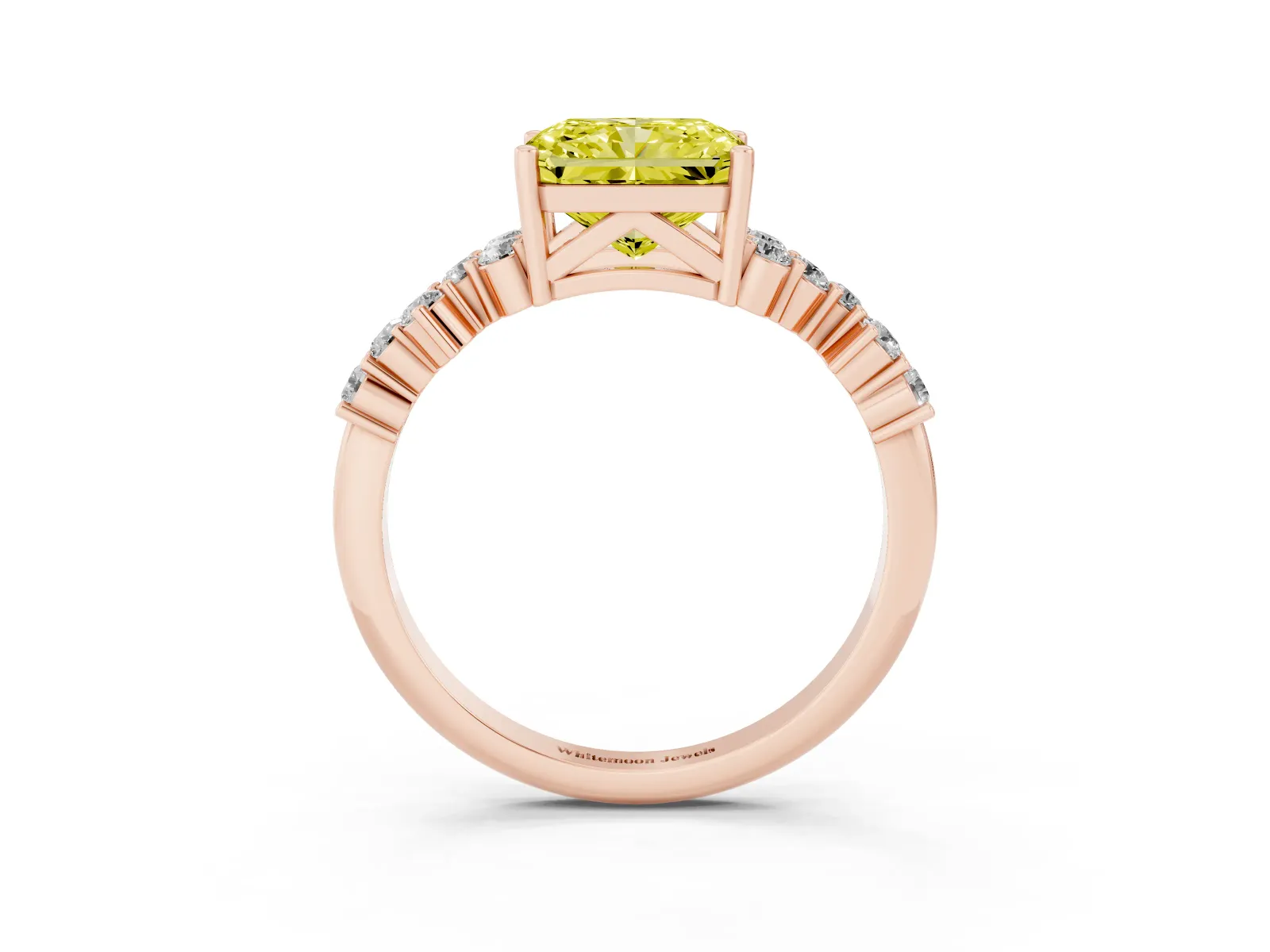 Fancy Yellow Radiant Cut Diamond Scattered Round Accent Ring with Prong Setting Rose gold