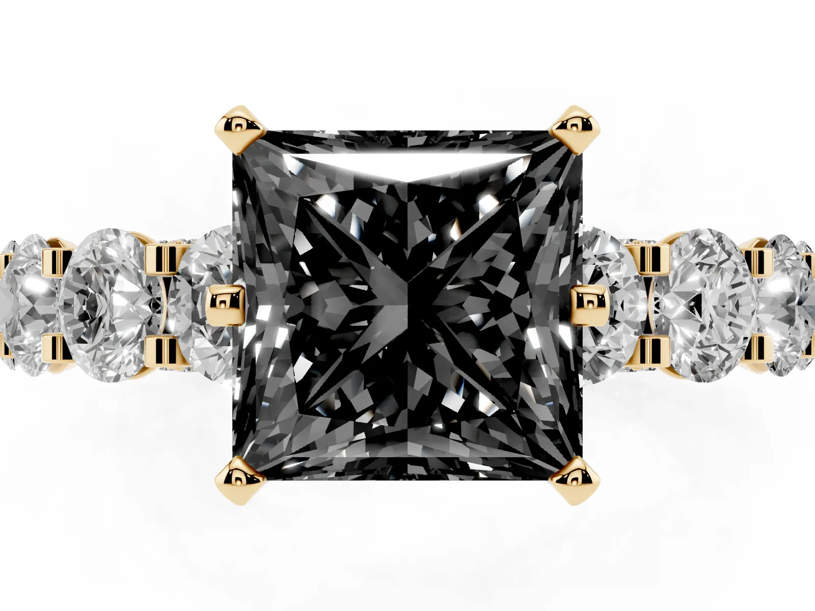 Fancy Black Princess Cut Diamond Side Stone Engagement Ring with Four-Prong Setting Yellow gold