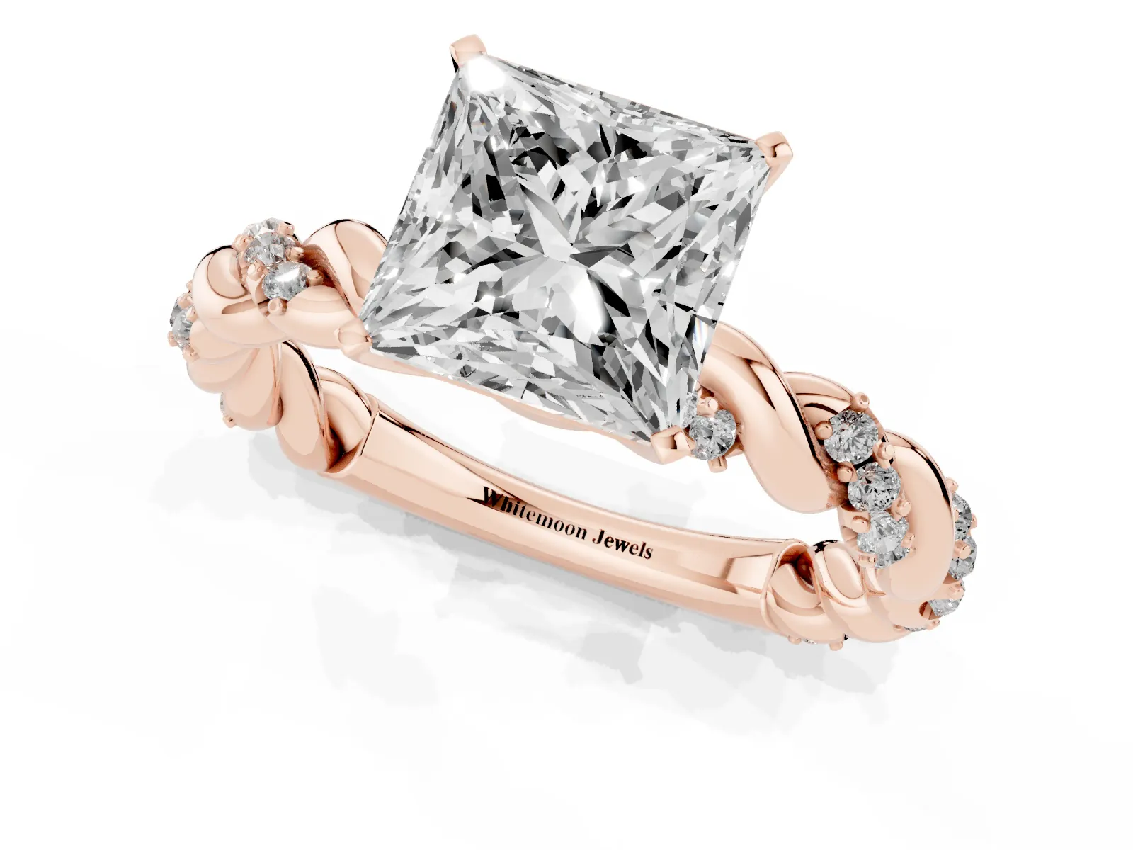 Princess Cut Diamond Solitaire Ring with Twisted Band and Pavé Accents Rose gold