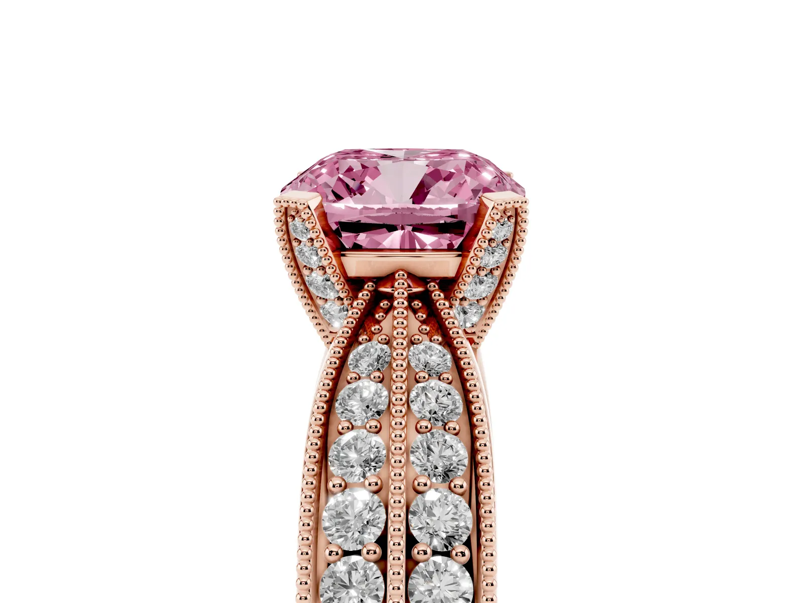 Fancy Pink Cushion Cut Diamond Solitaire Ring with Milgrain Round Pavé Band and Prong Setting Rose gold