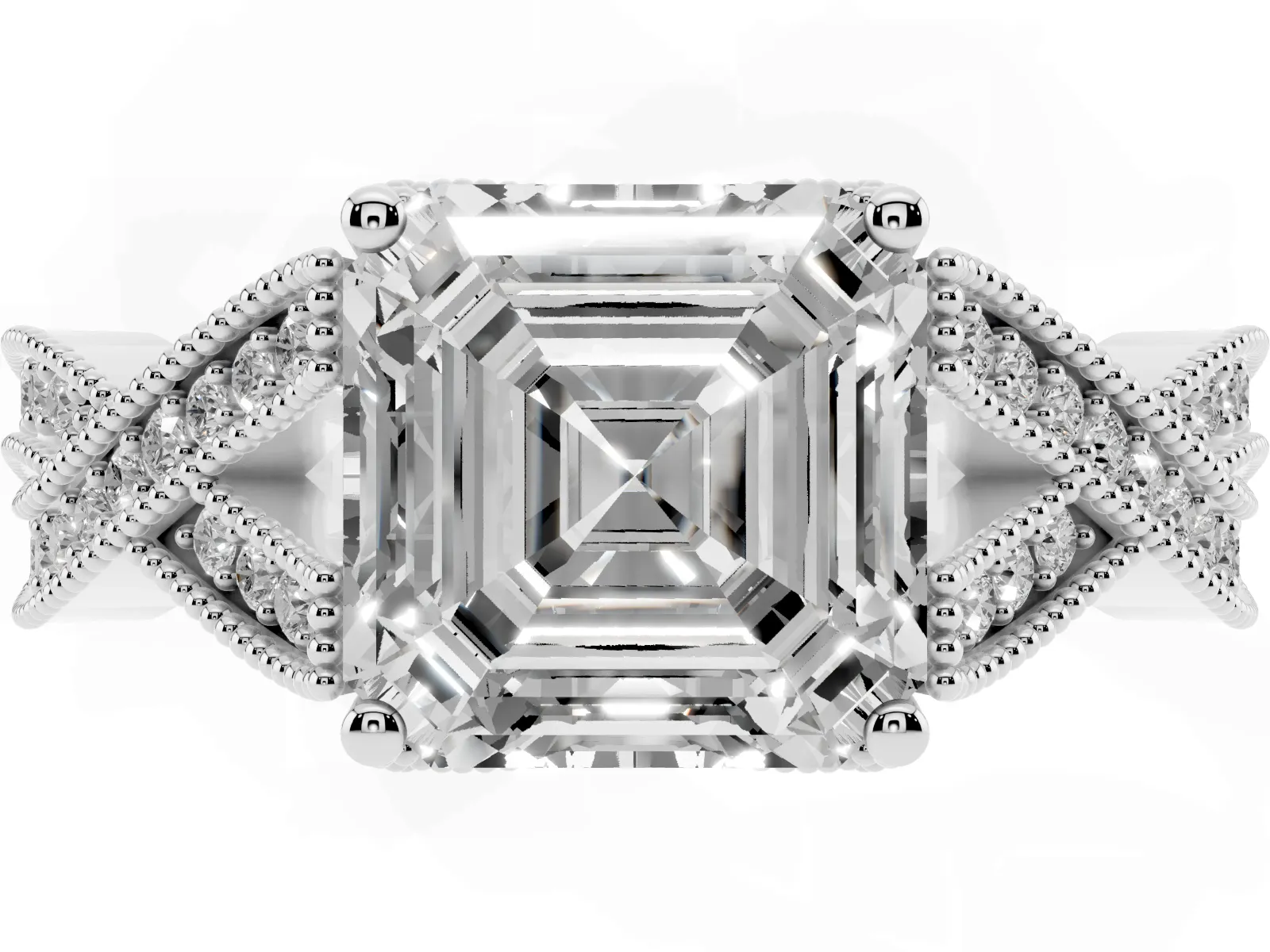 Asscher Cut Cut Diamond Twisted Band with Milgrain Pave Setting and Four-Prong Setting Platinum