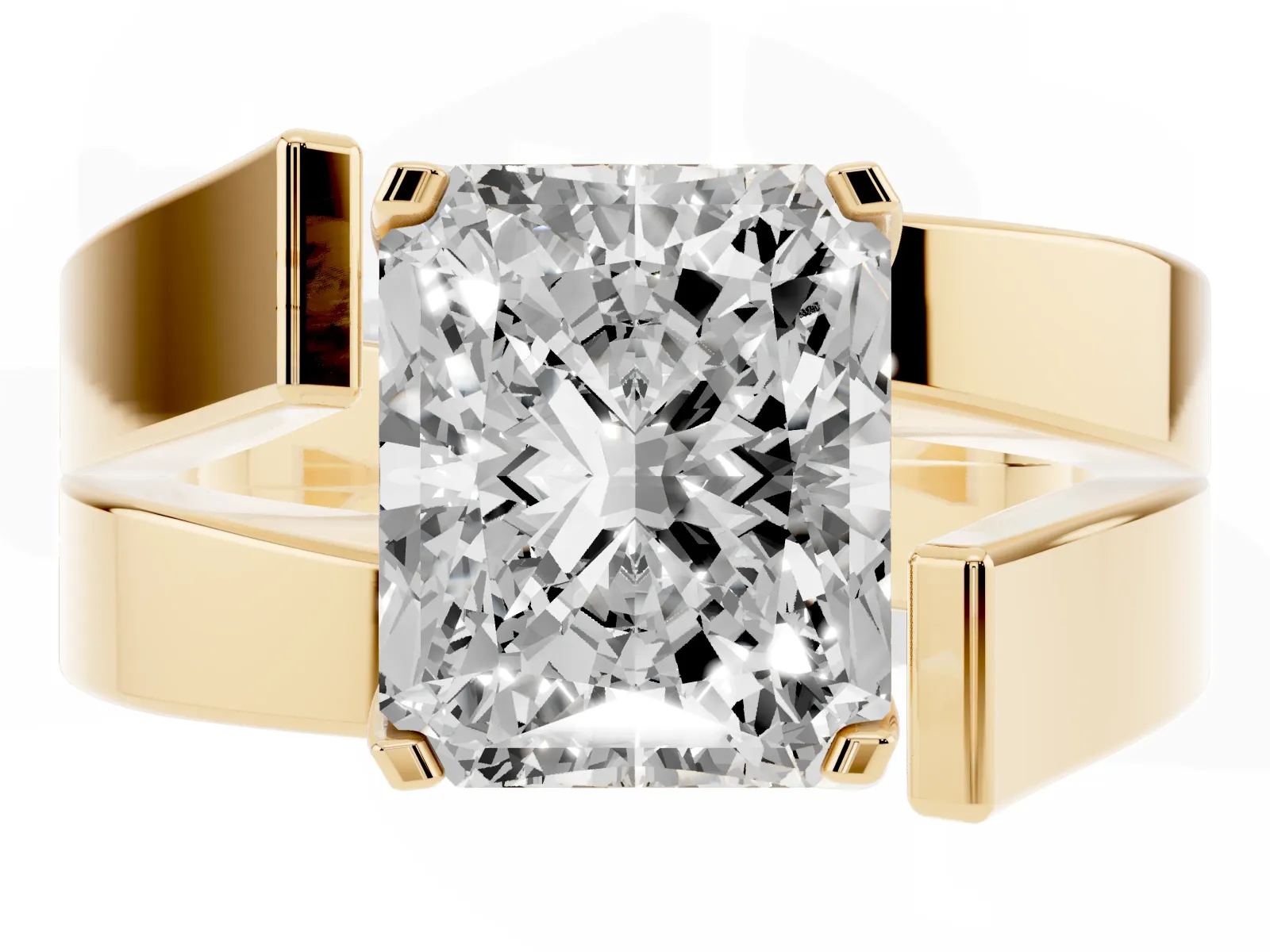 Modern Tension Set Radiant Cut Diamond Solitaire Wide Band Ring Yellow gold
