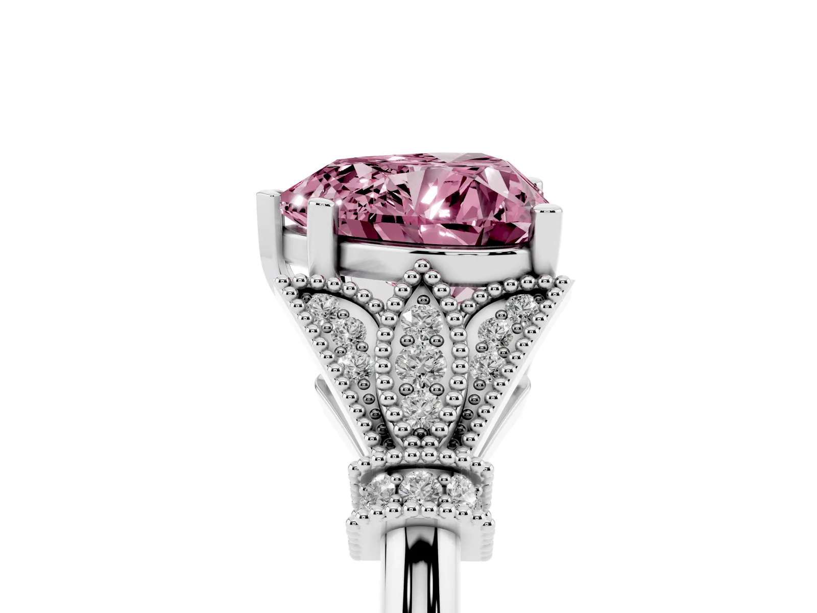 Fancy Pink Heart Cut Diamond Solitaire Ring with Floral Filigree and Pave Accents Platinum
