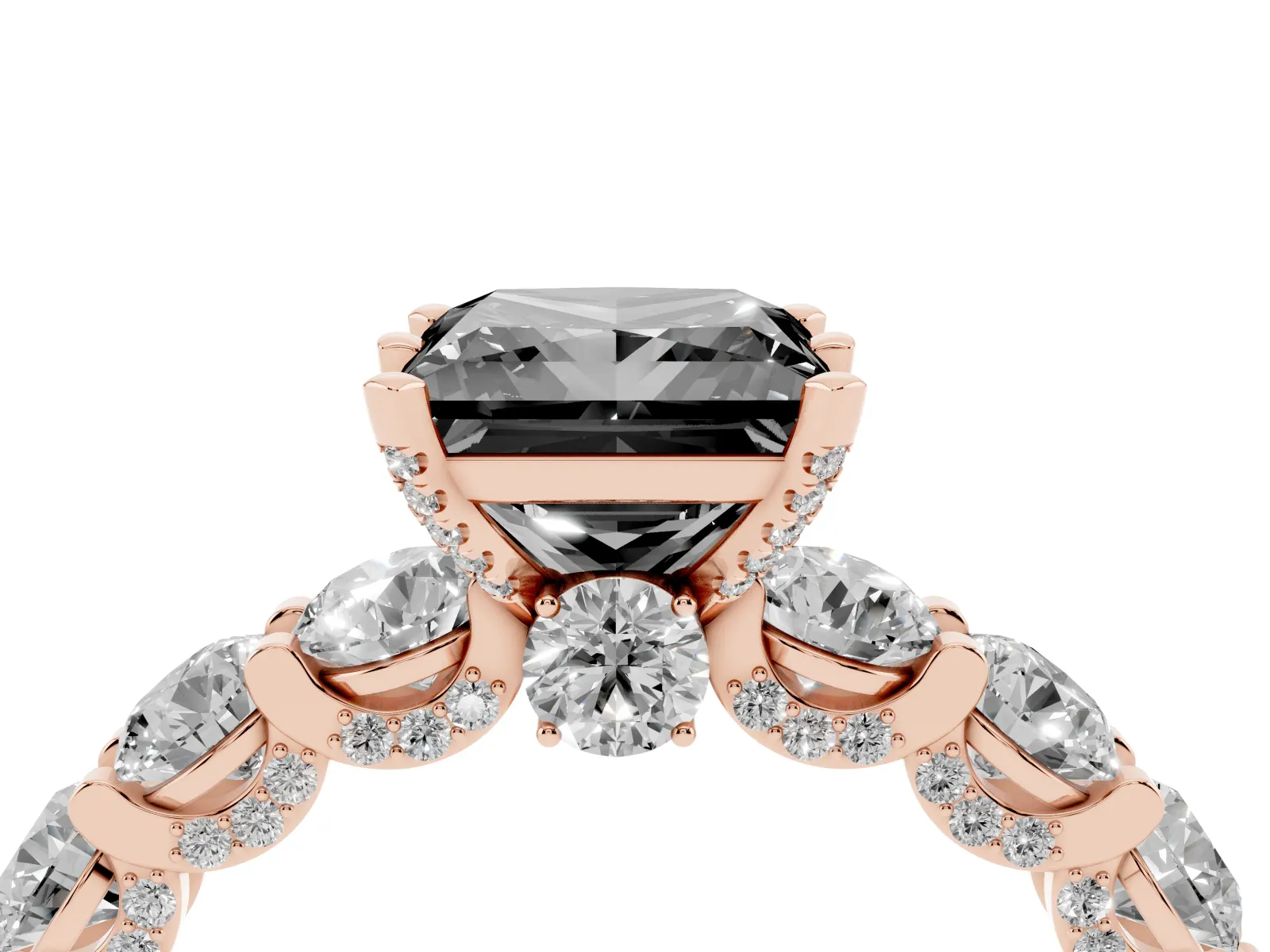 Fancy Black Princess Cut Diamond Side Stone Engagement Ring with Four-Prong Setting Rose gold
