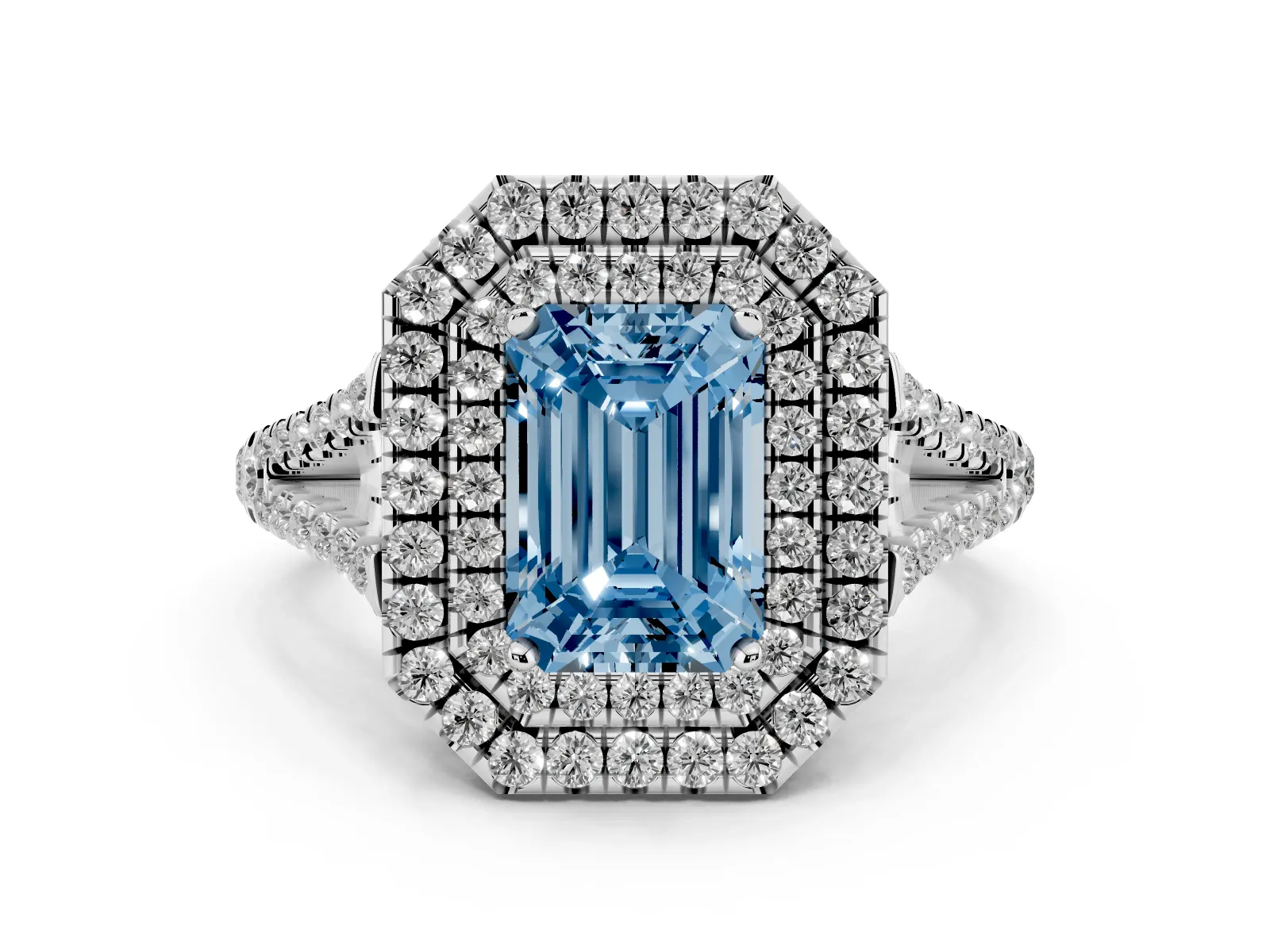 Fancy Blue Emerald Cut Diamond Double Halo Ring with Pavé Band and Prong Setting Platinum