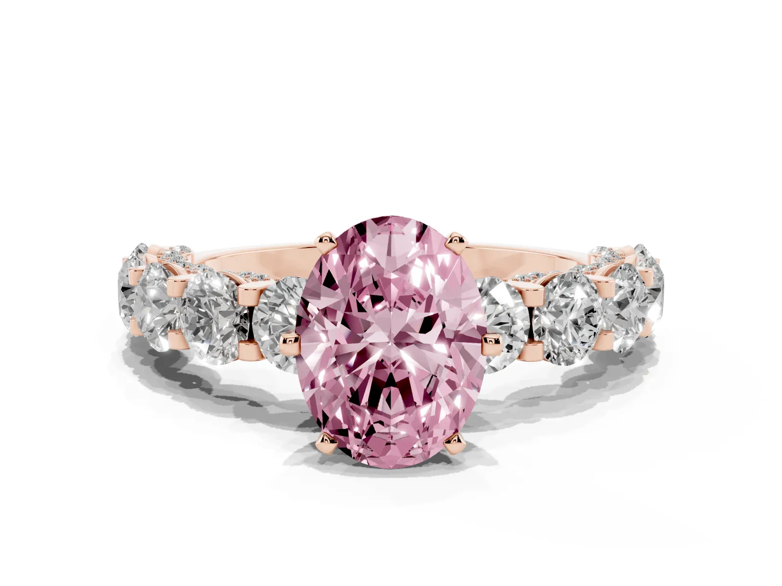 Fancy Pink Oval Cut Diamond Side Stone Engagement Ring with Four-Prong Setting Rose gold