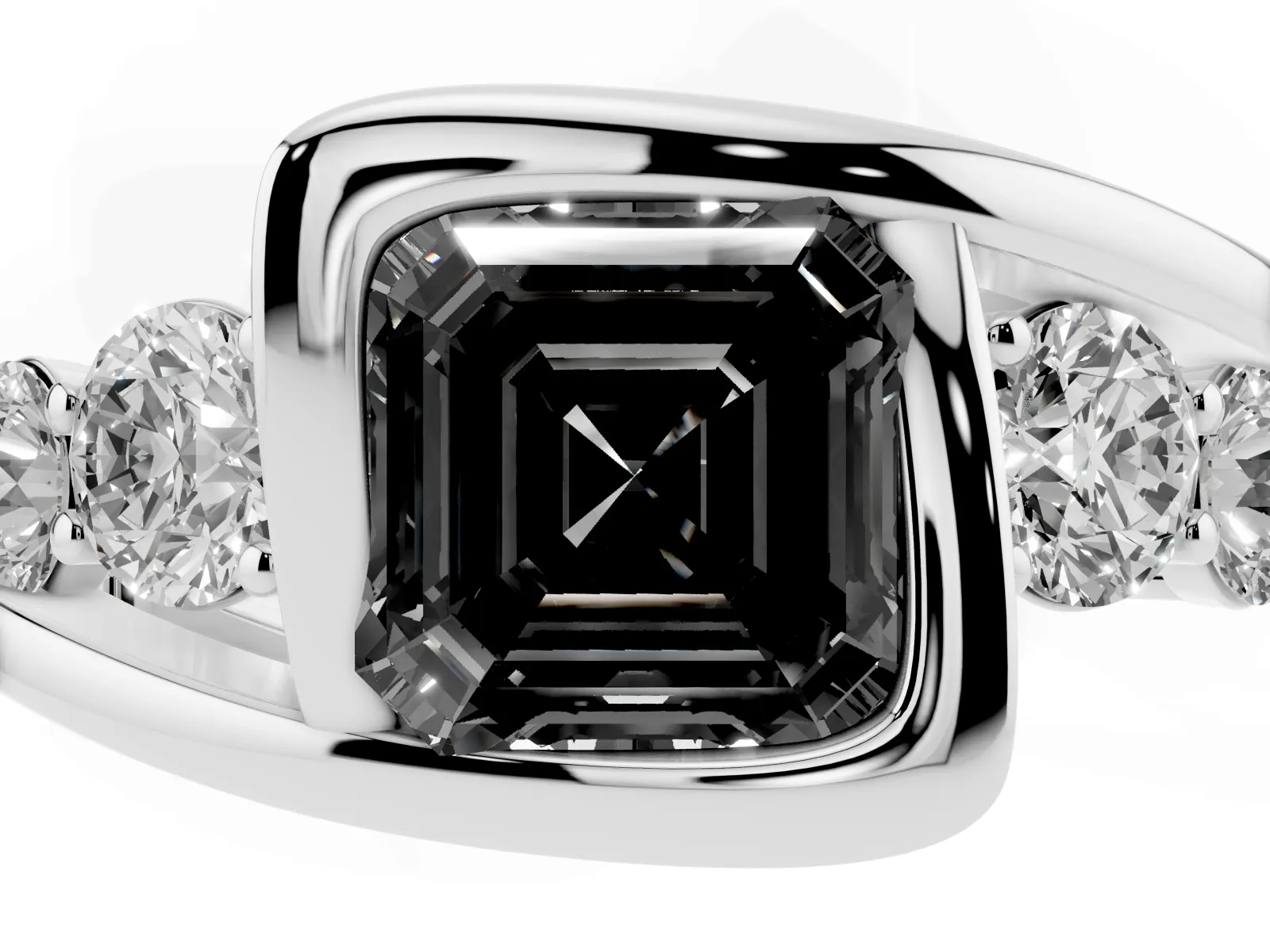 Fancy Black Bezel Set Asscher Cut Diamond Bypass Ring with Round Accents Platinum