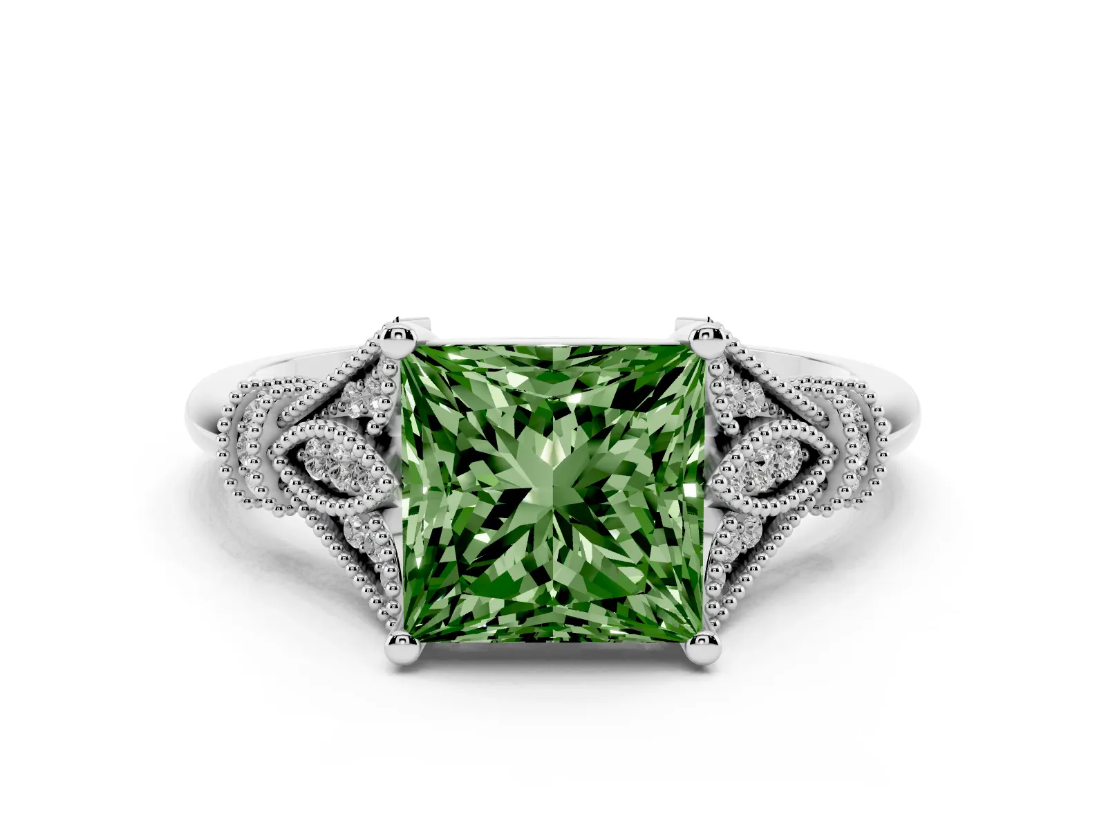 Fancy Green Princess Cut Diamond Solitaire Ring with Floral Filigree and Pave Accents Platinum