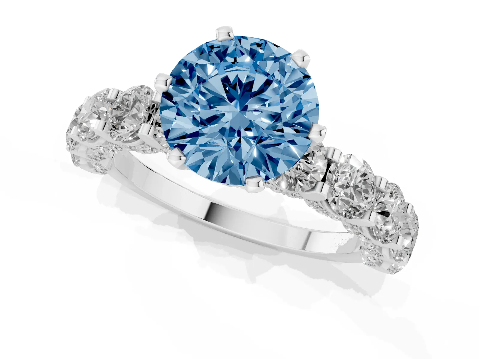Fancy Blue Round Cut Diamond Side Stone Engagement Ring with Four-Prong Setting Platinum