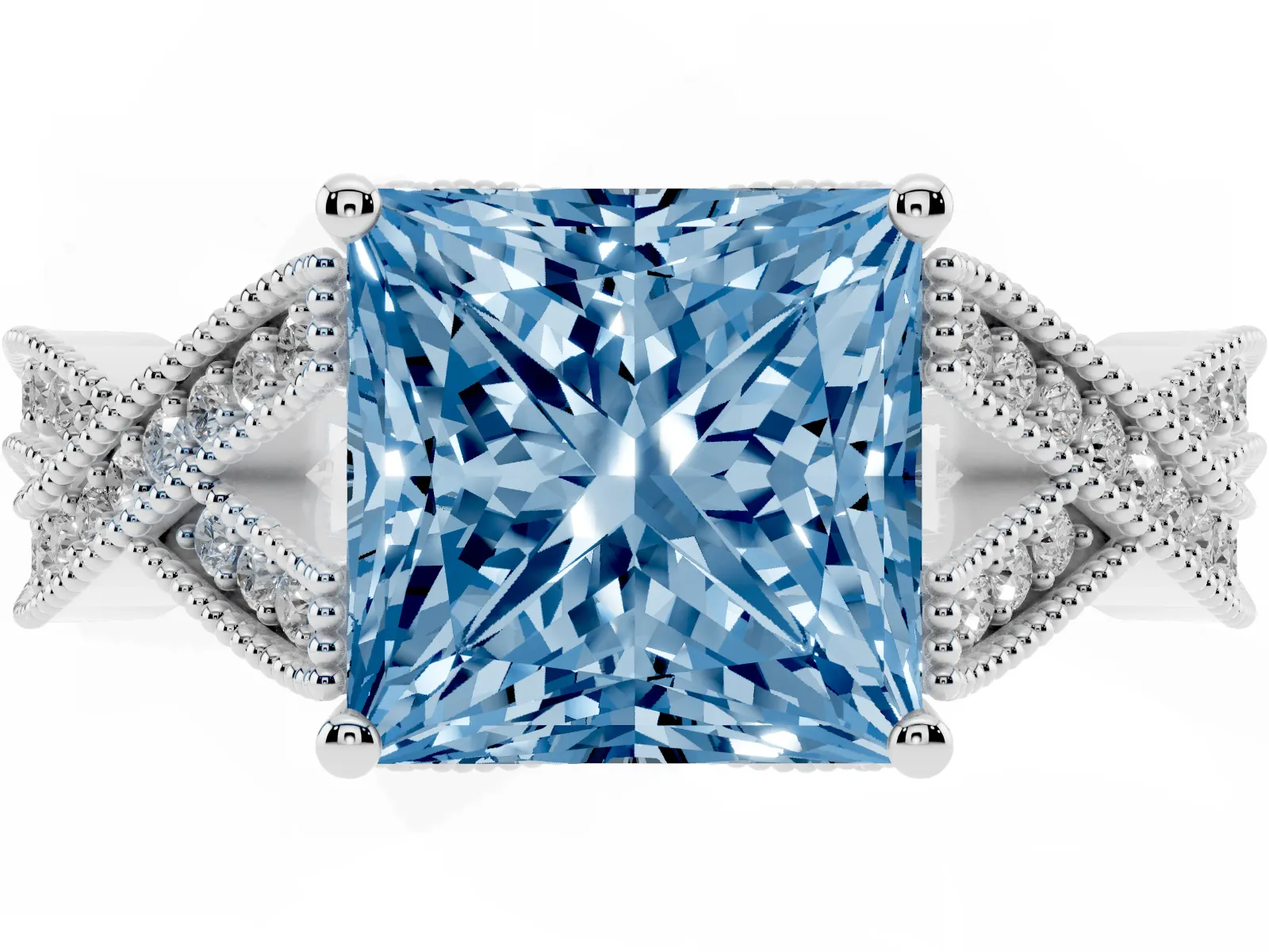 Fancy Blue Princess Cut Cut Diamond Twisted Band with Milgrain Pave Setting and Four-Prong Setting Platinum