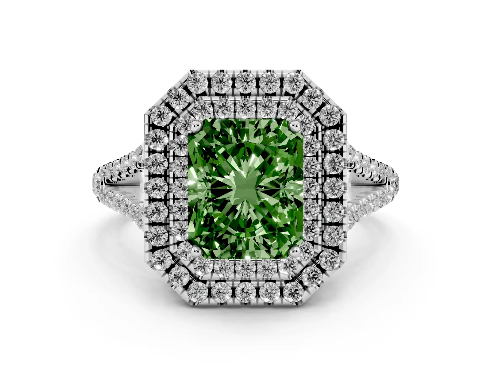 Fancy Green Radiant Cut Diamond Double Halo Ring with Pavé Band and Prong Setting Platinum