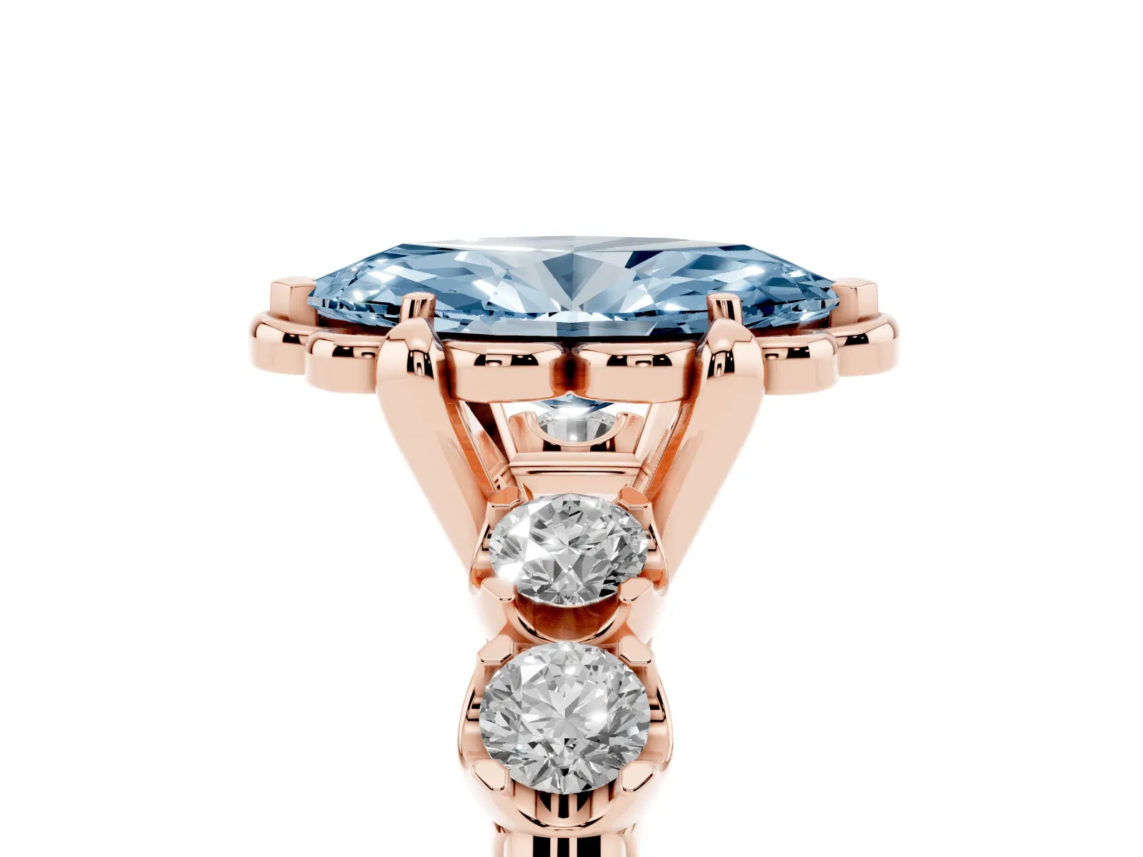 Fancy Blue Marquise Cut Cut Diamond Floral Halo Engagement Ring with Shared Prong Setting Rose gold