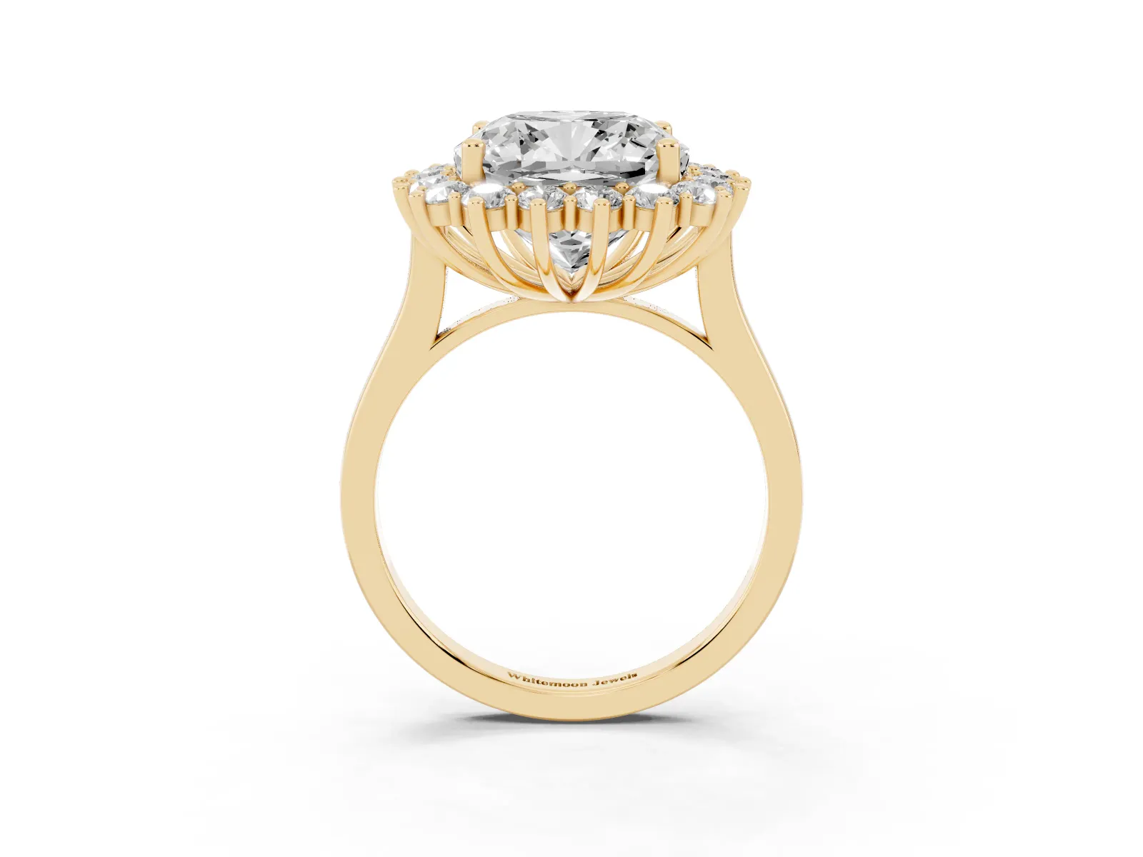 Cushion Diamond Halo Engagement Ring with Round Diamond Accents Yellow gold
