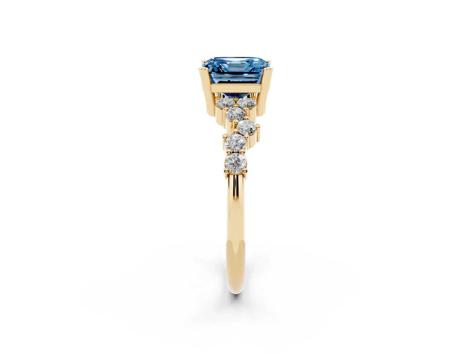 Fancy Blue Asscher Cut Diamond Scattered Round Accent Ring with Prong Setting Yellow gold