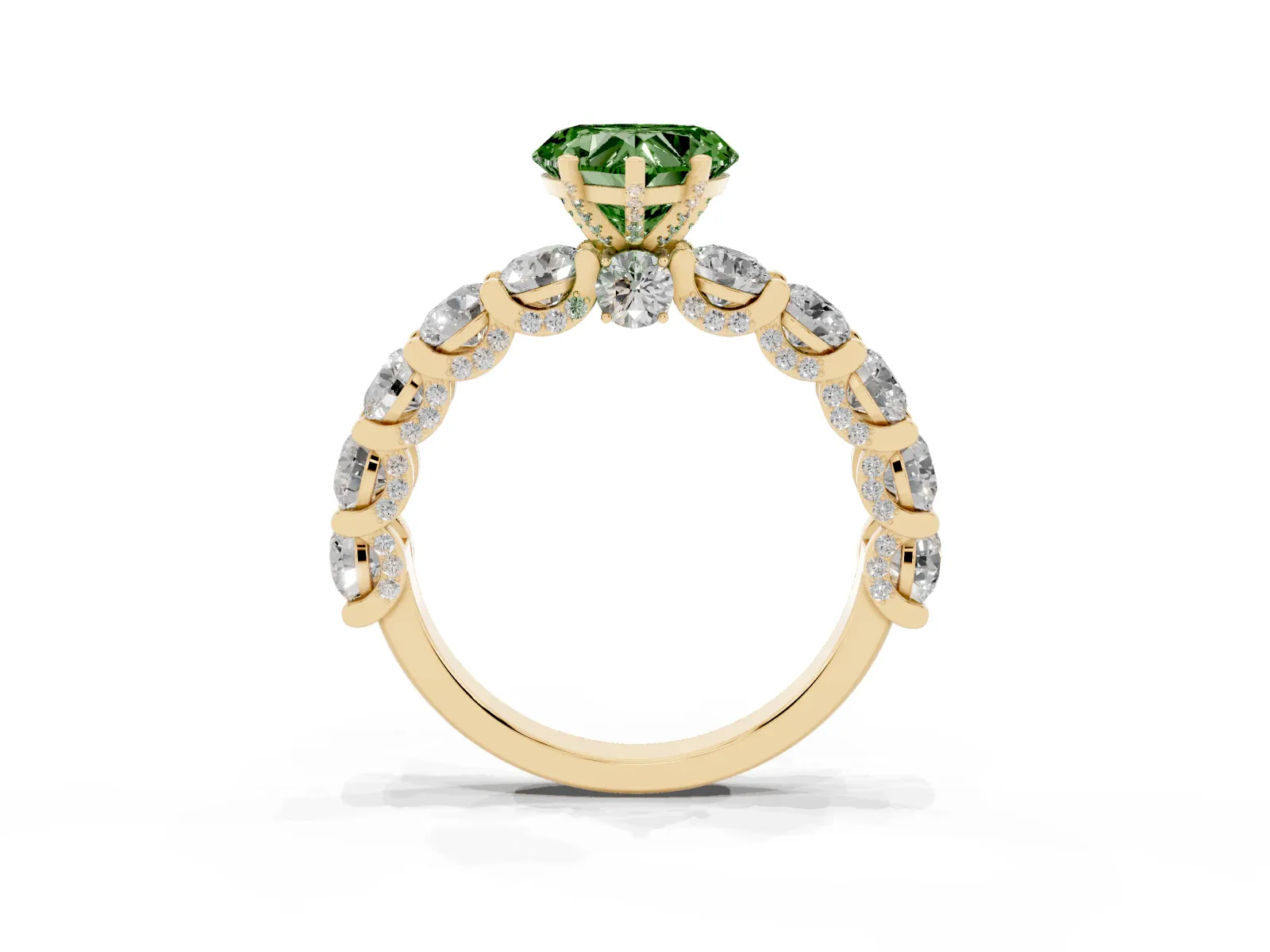 Fancy Green Heart Cut Diamond Side Stone Engagement Ring with Four-Prong Setting Yellow gold
