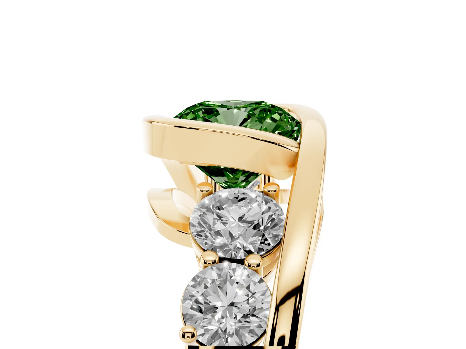 Fancy Green Bezel Set Cushion Cut Diamond Bypass Ring with Round Accents Yellow gold